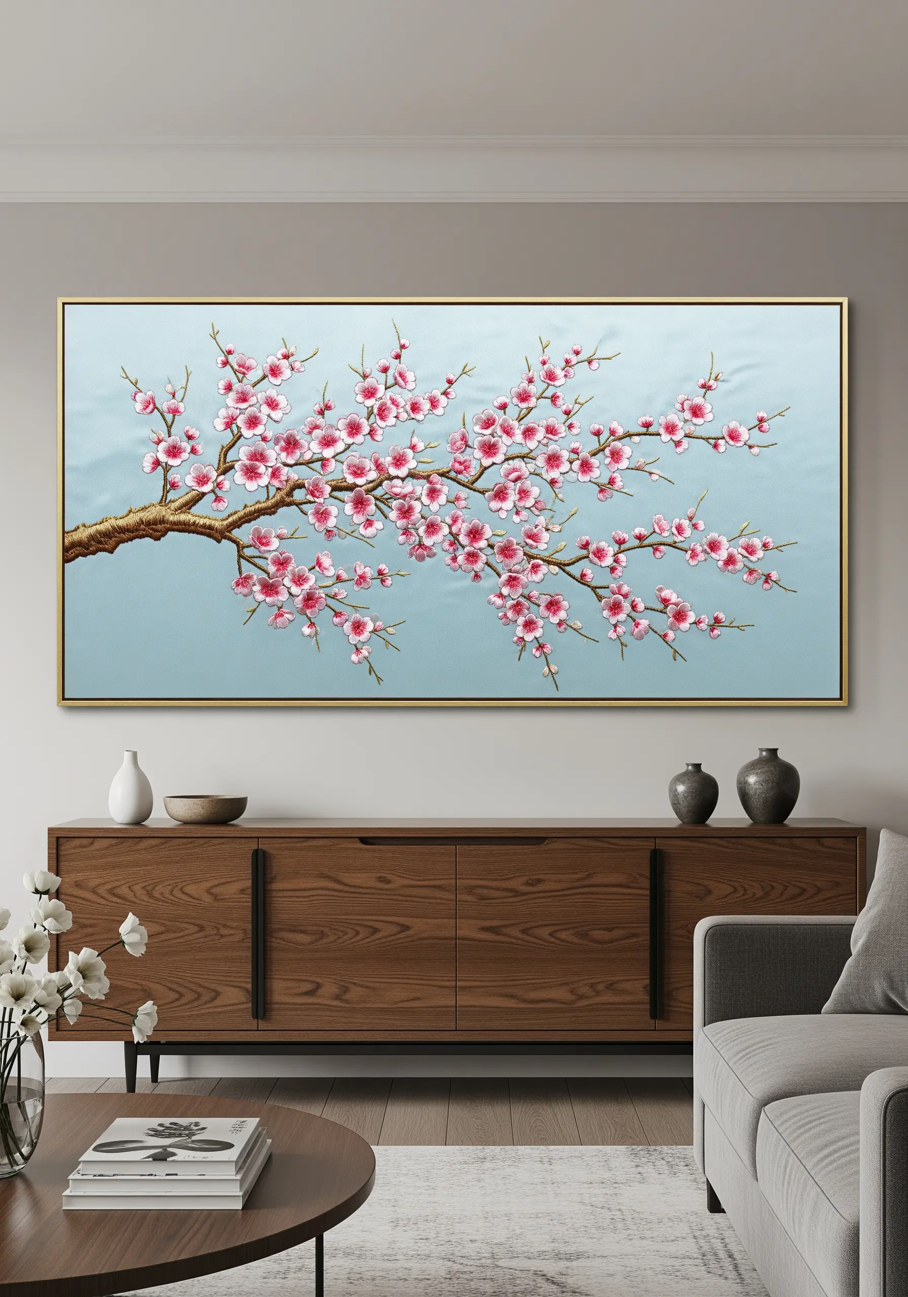 A large framed embroidery of a cherry blossom branch with pink flowers on a light blue background.