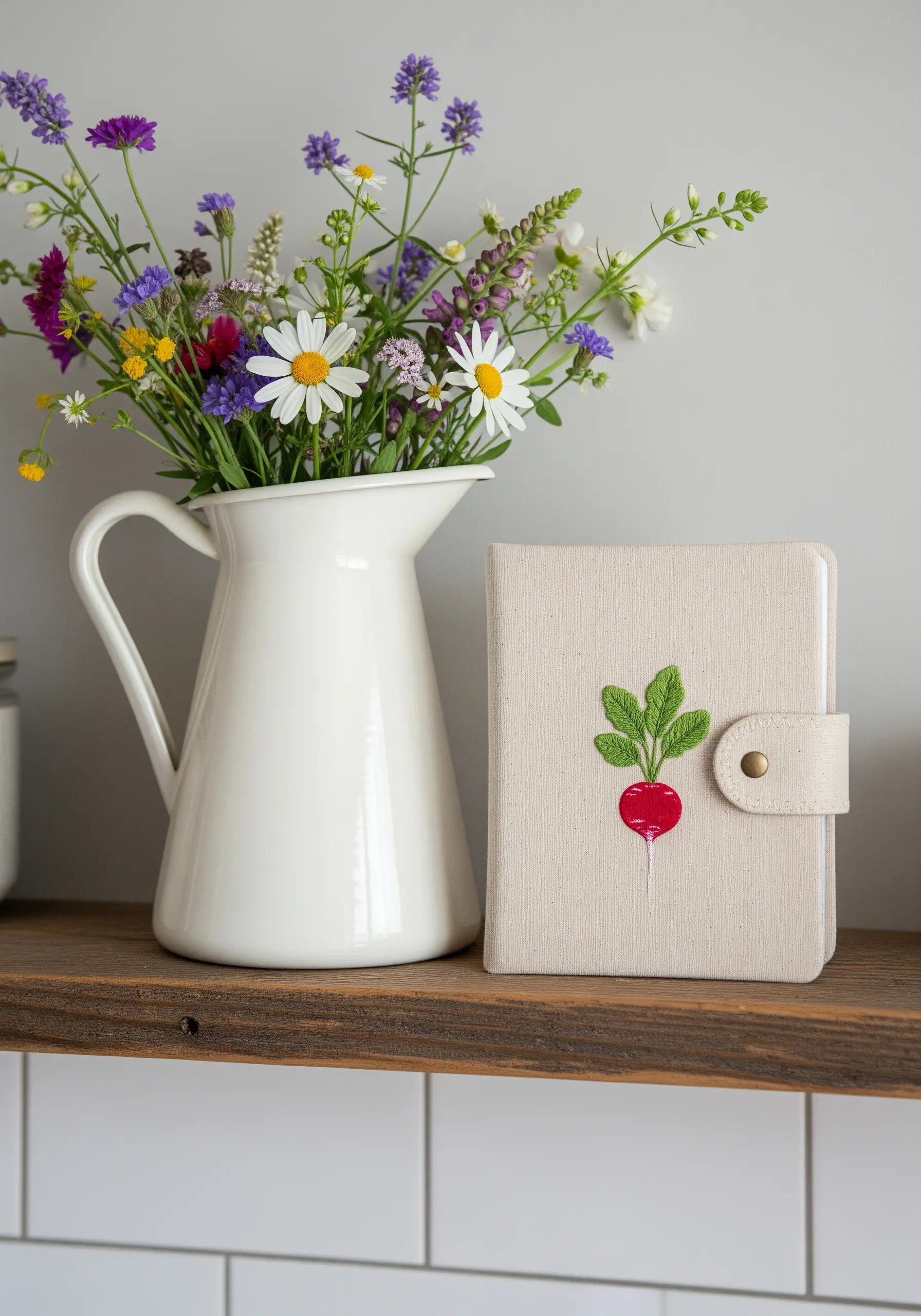 A small radish embroidered on a journal cover with raised 3D stumpwork leaves.