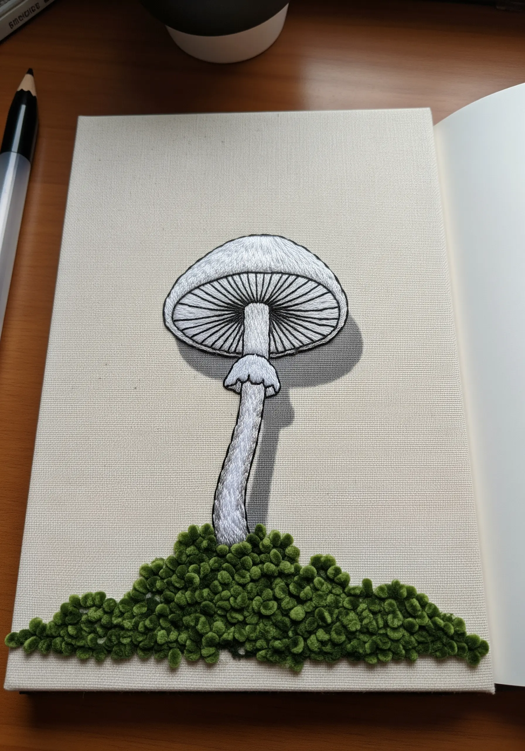 Embroidered mushroom on a canvas with a lush, 3D mossy base made from Turkey work.