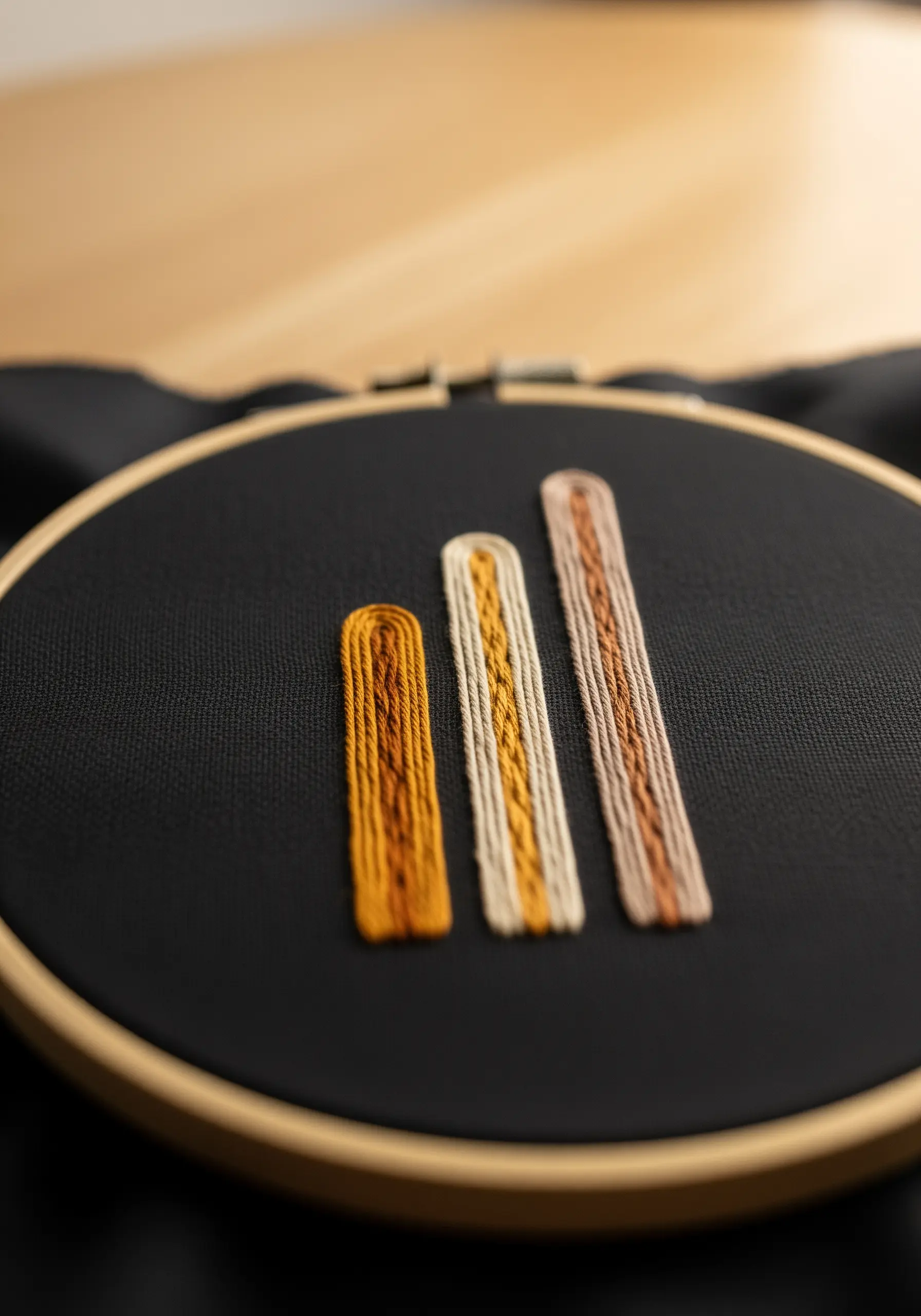 Three abstract vertical bars with different textures and colors on black fabric.