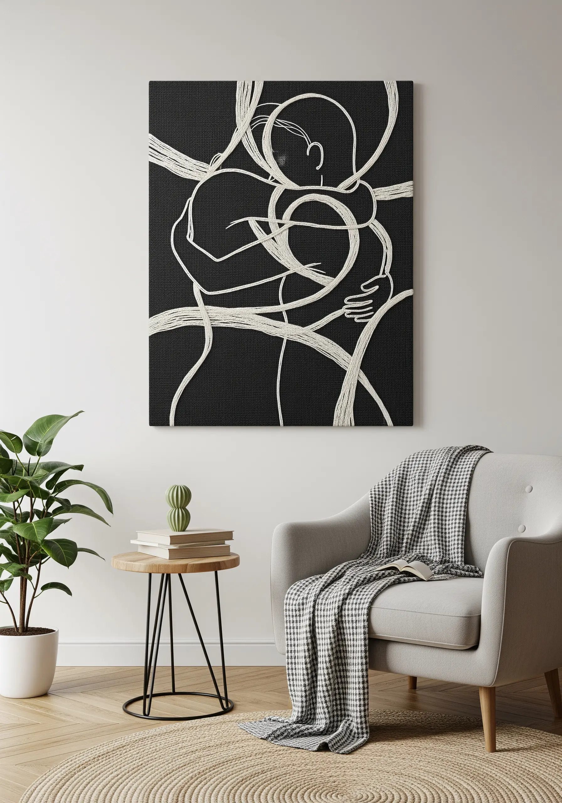 Large abstract embroidery on black canvas, showing two figures wrapped in flowing cream-colored lines.