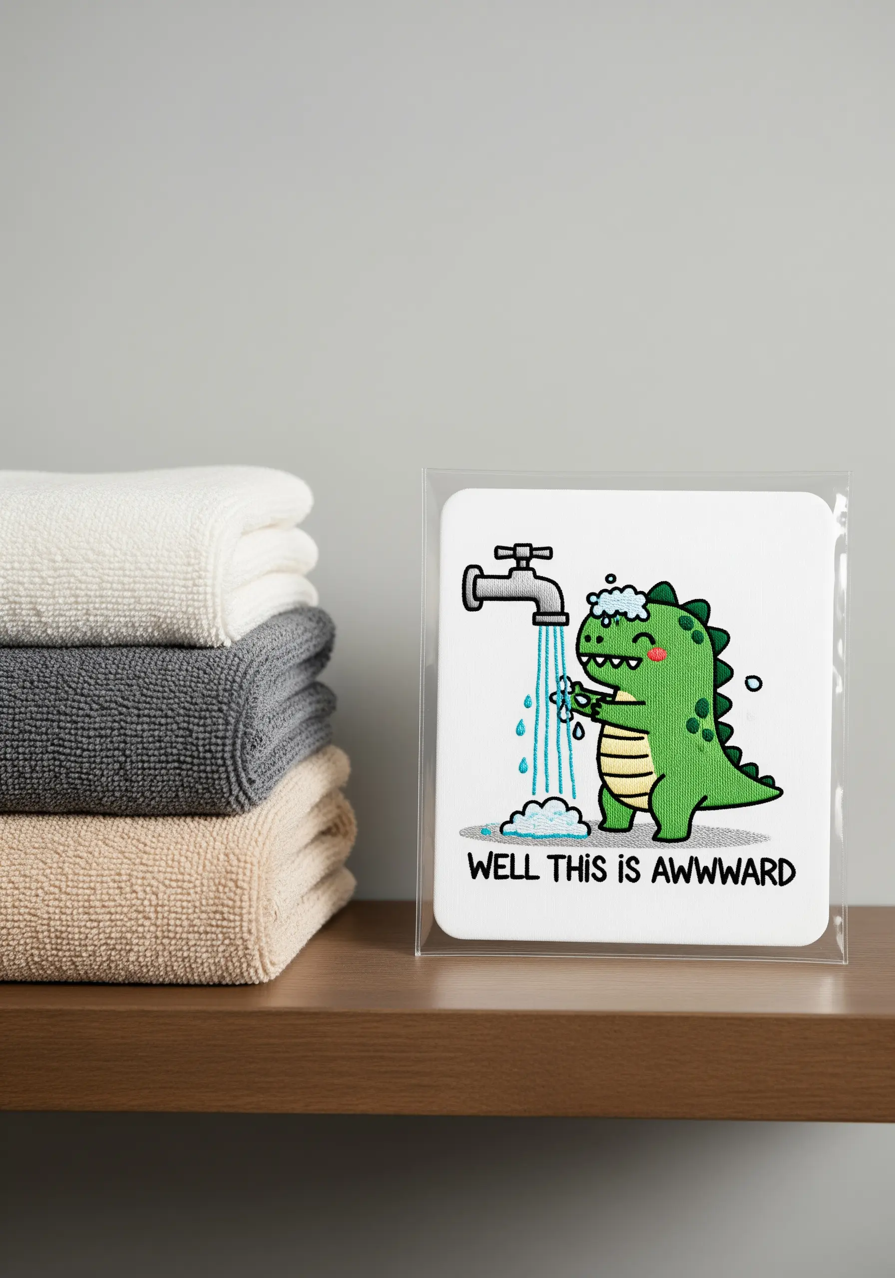A cute embroidered dinosaur washing its hands, displayed in a clear acrylic block frame.