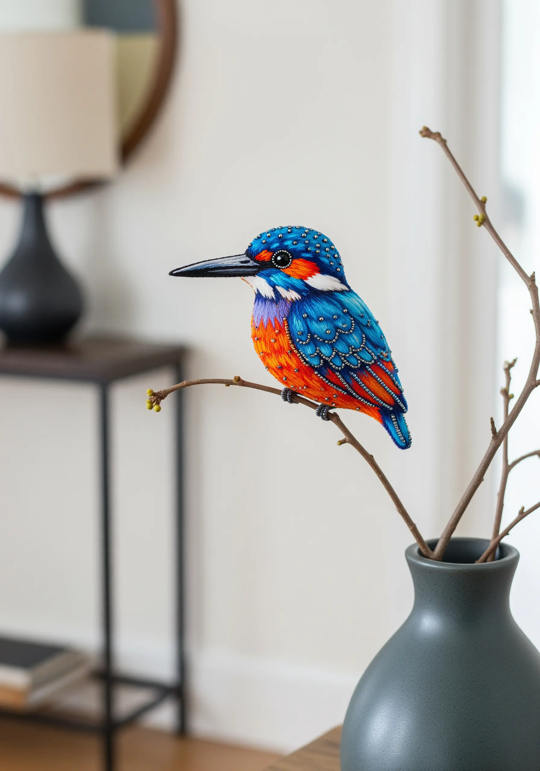 A hyper-realistic 3D embroidered kingfisher with beading, perched on a real branch.