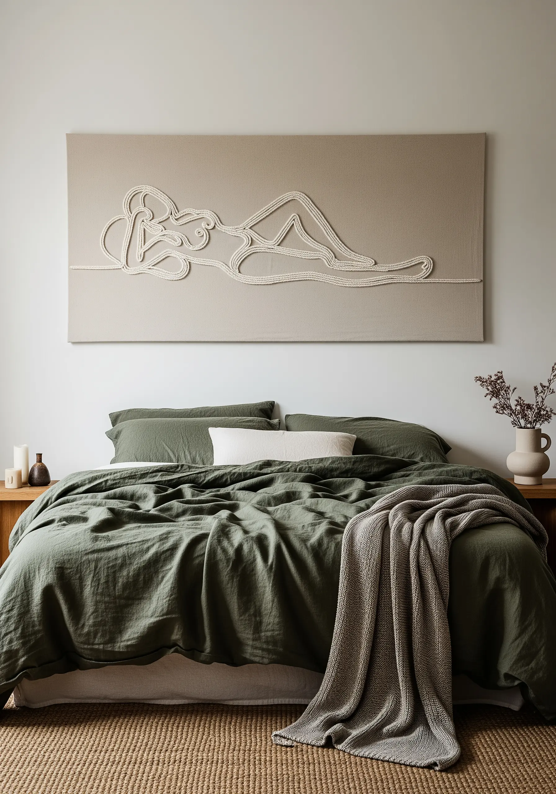 A large canvas with a reclining nude figure created from thick white rope.