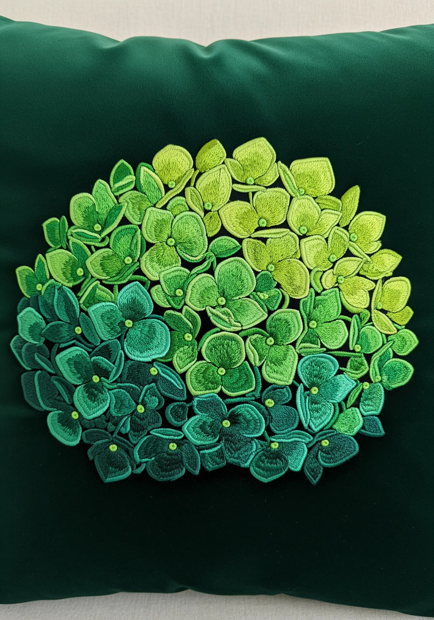 A monochromatic hydrangea on dark green velvet, with a gradient from dark to light green.