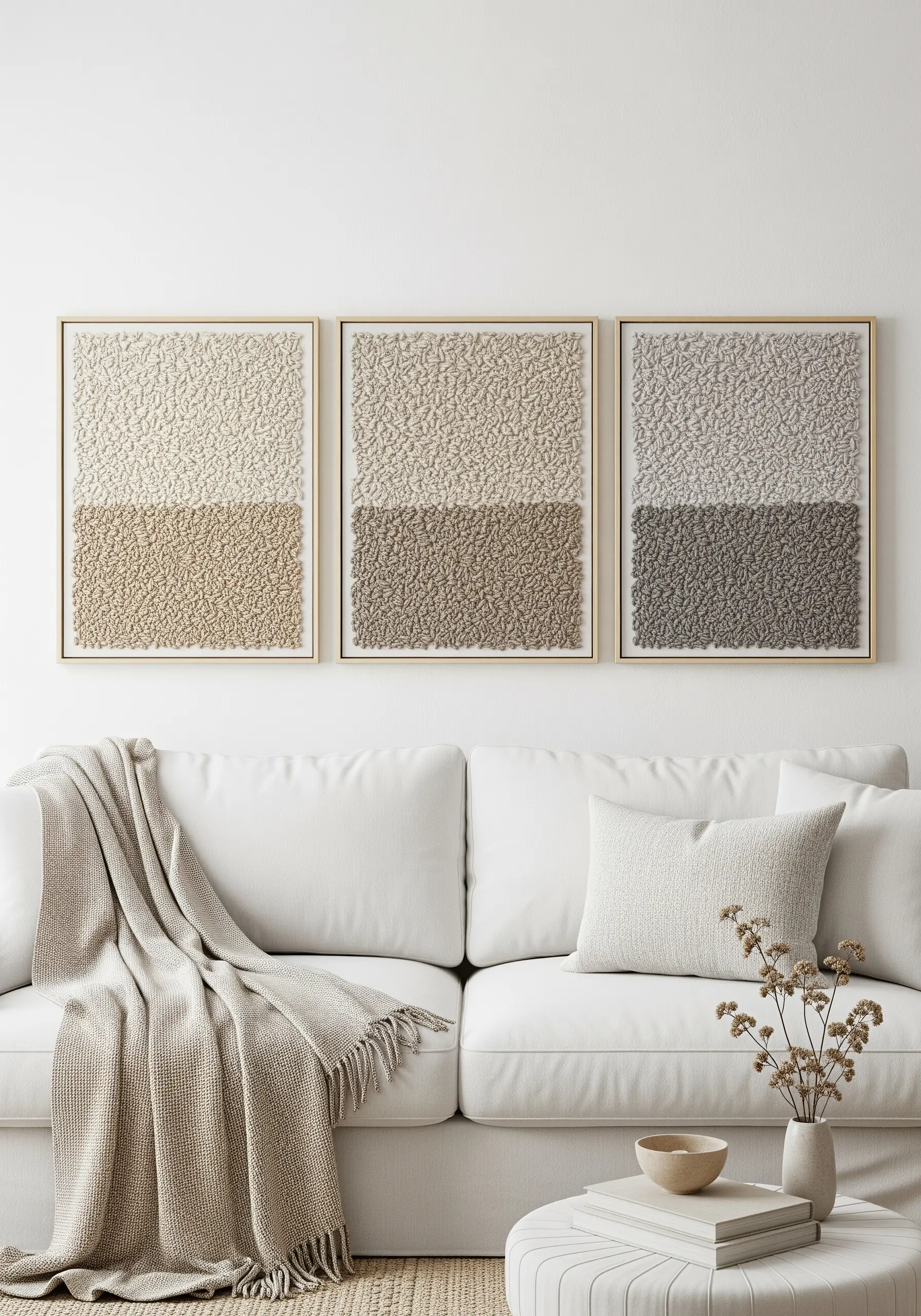 A triptych of framed artworks with two-toned blocks of dense, neutral-colored embroidery texture