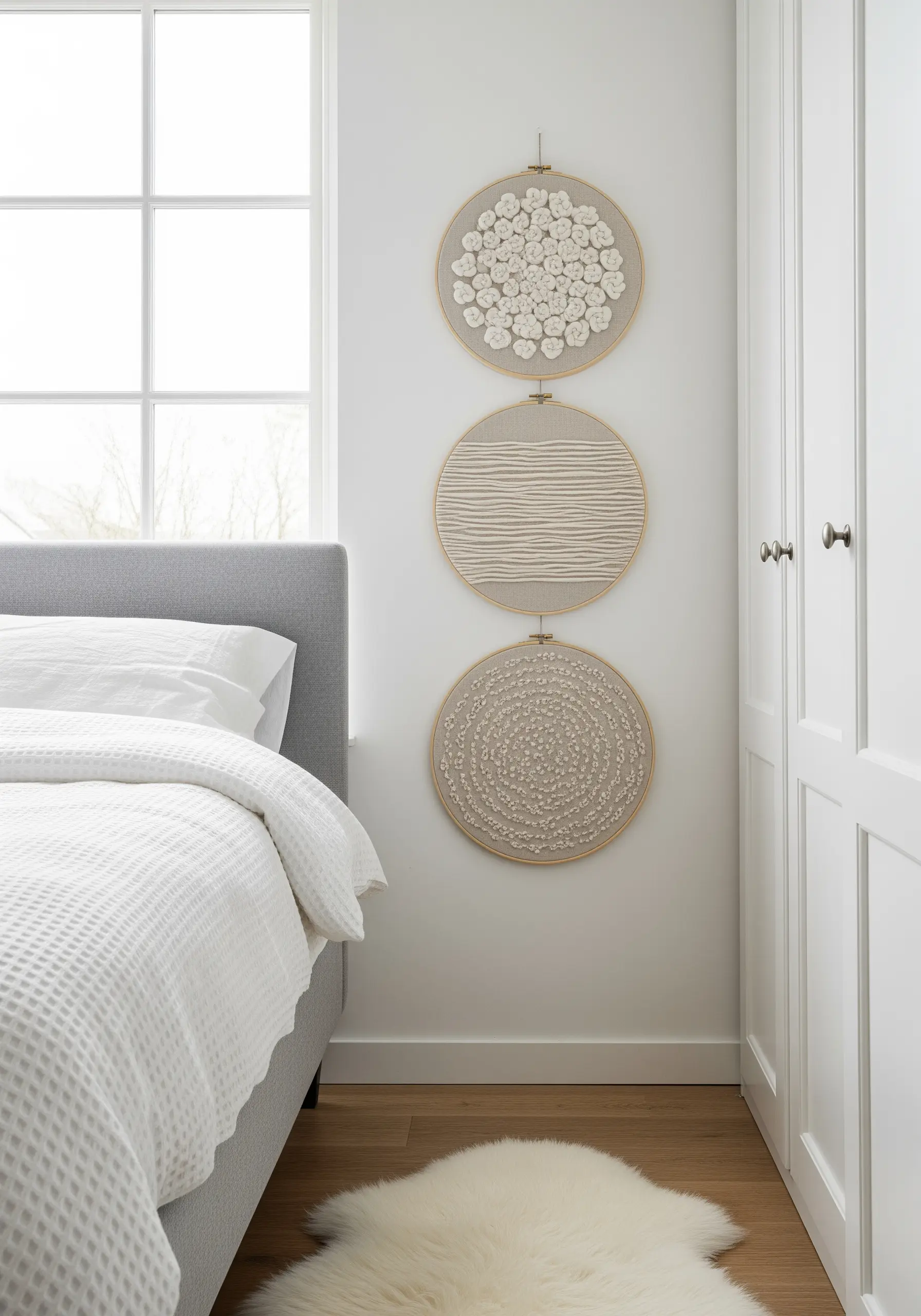 Three stacked embroidery hoops, each featuring a different white-on-beige textural pattern.