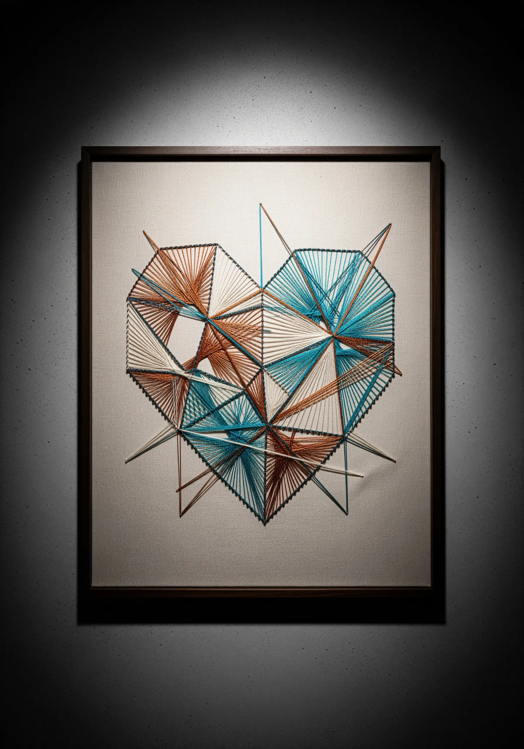 An abstract, geometric string art heart with threads extending beyond the main shape.