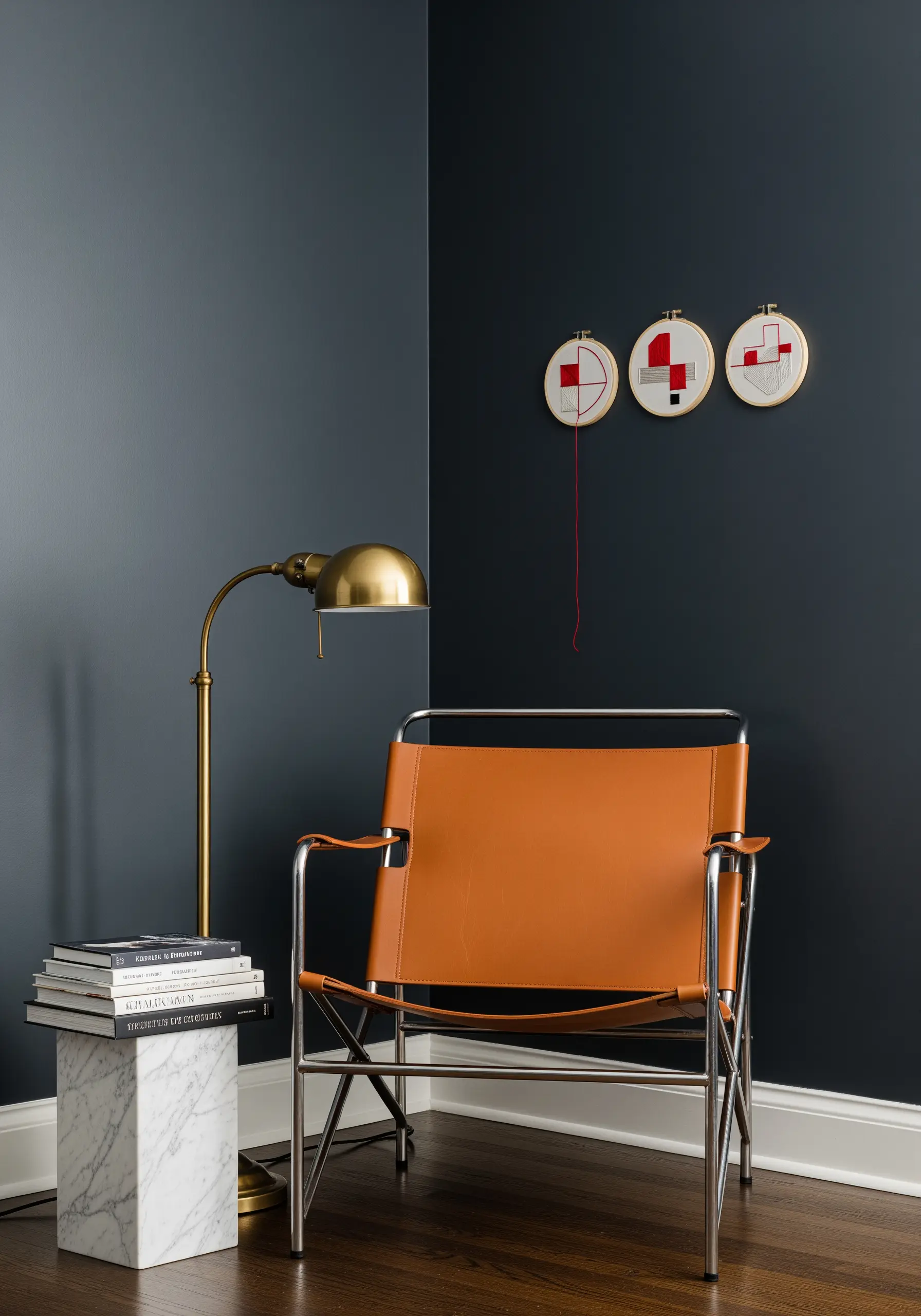 Three abstract embroidery hoops with geometric shapes in red, white, and gray.