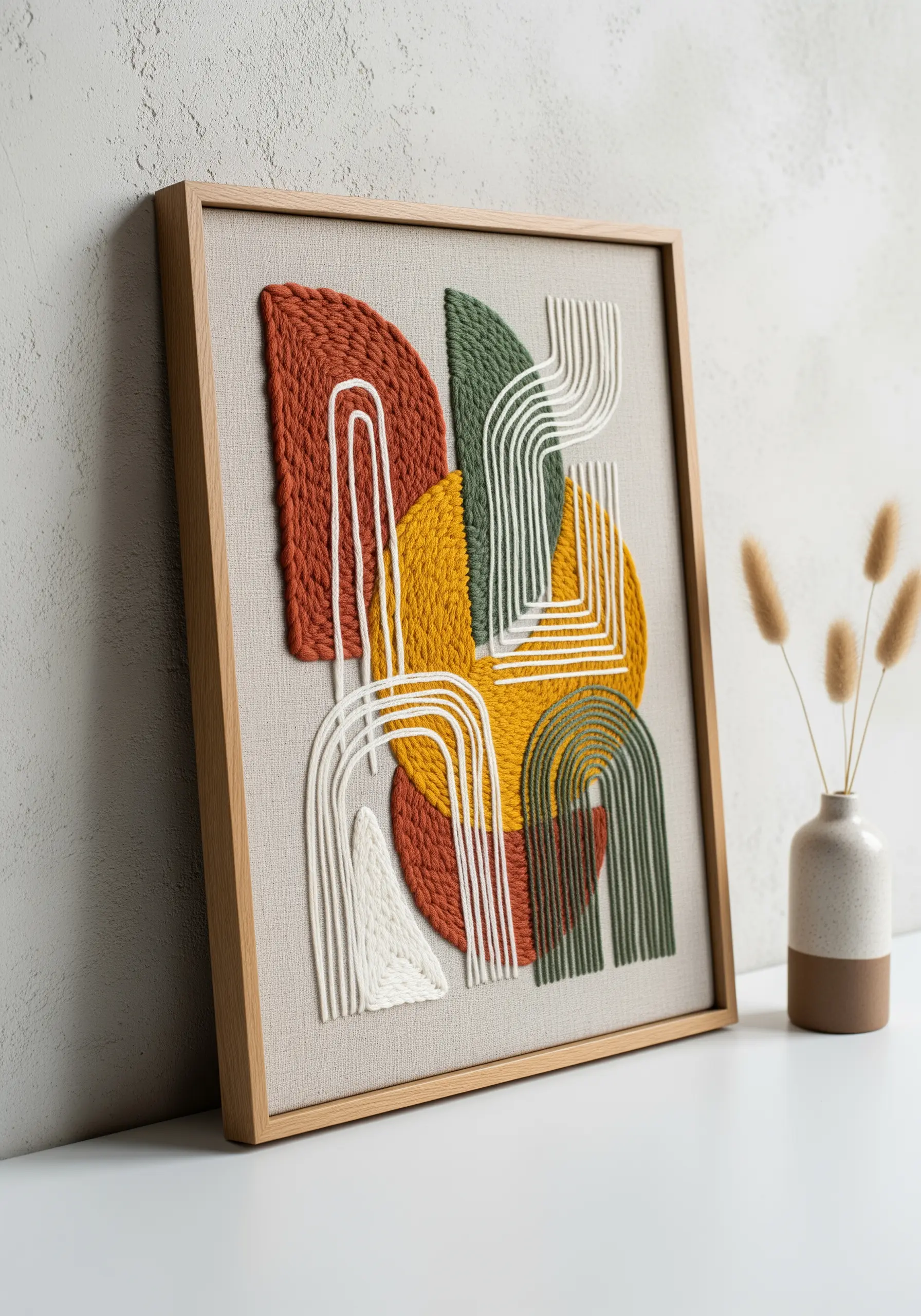 Framed abstract embroidery with thick, couched yarn in white over blocks of color.