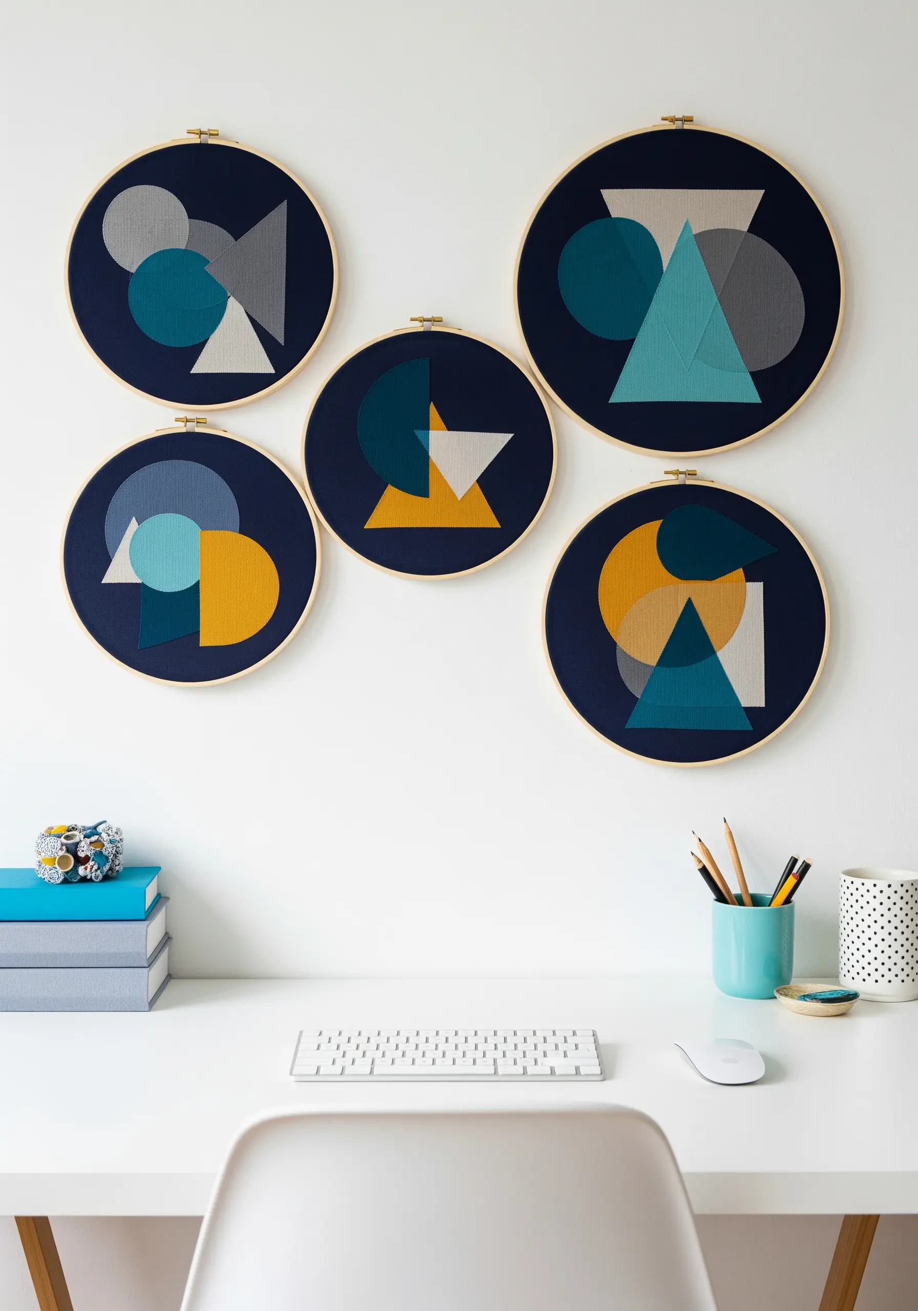 A collection of five hoops with abstract geometric designs made from layered sheer fabrics on a navy background.