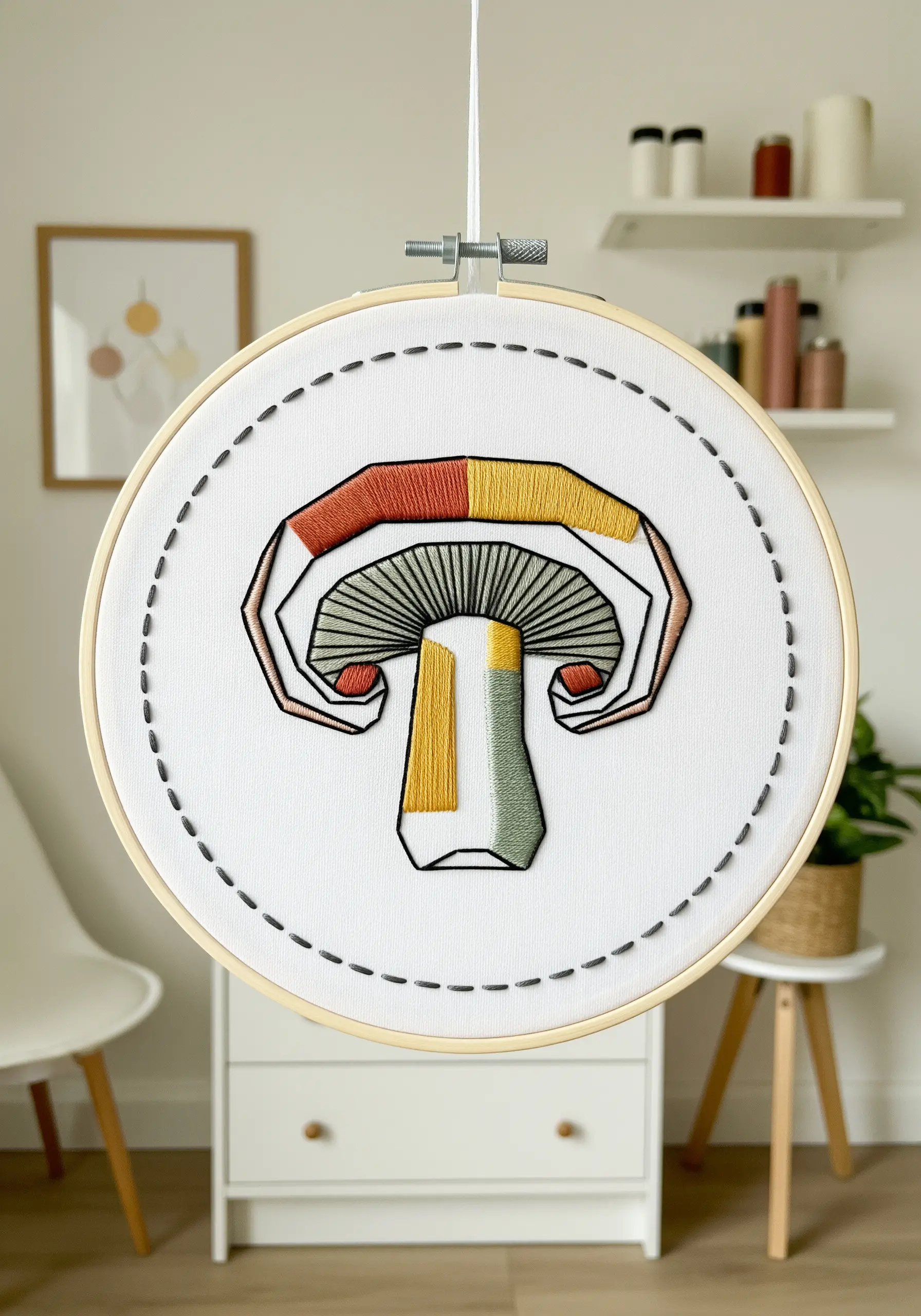 A modern, abstract mushroom design using color blocking and satin stitch.