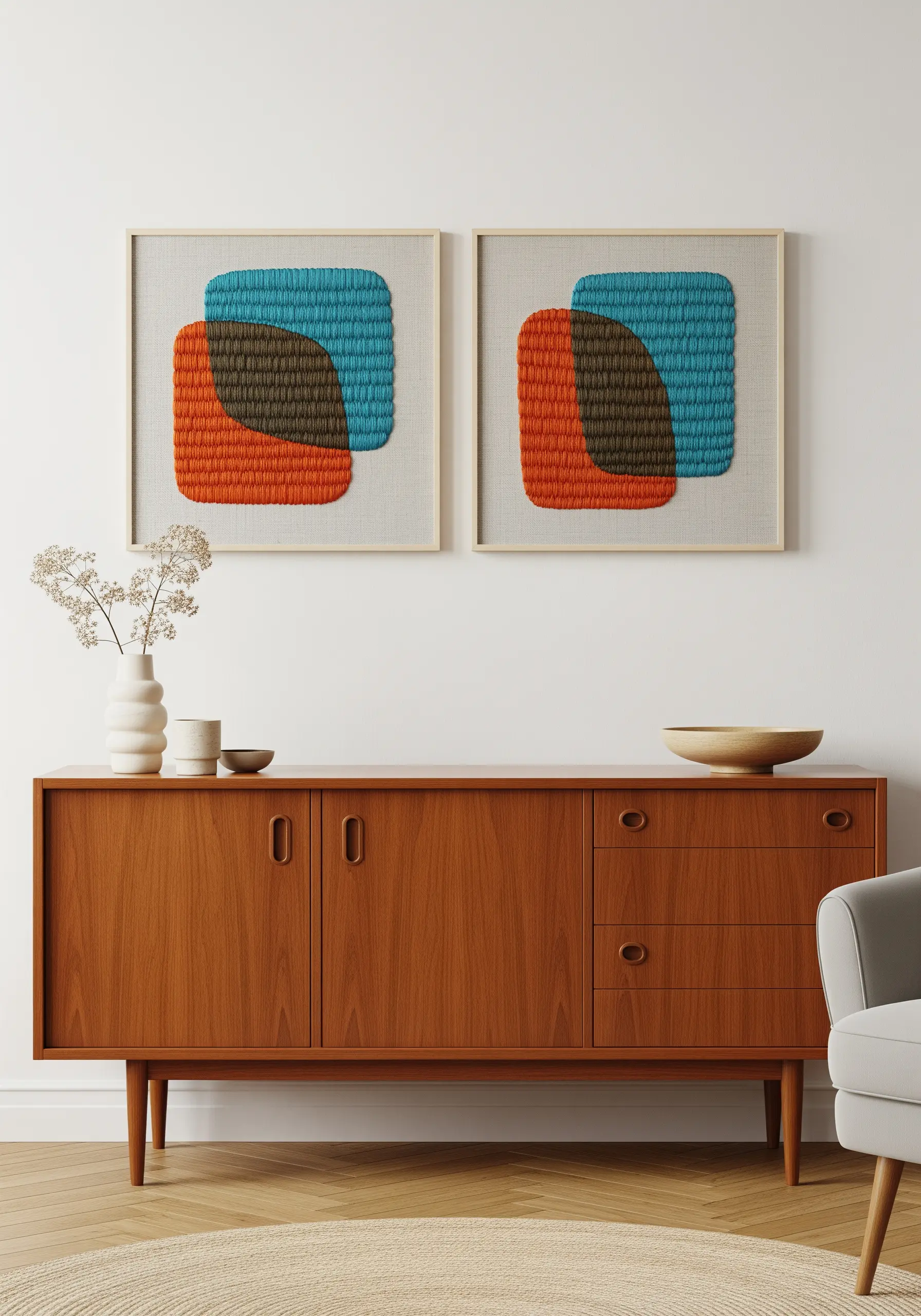 Two framed embroidery pieces with abstract, overlapping color blocks in teal, orange, and brown