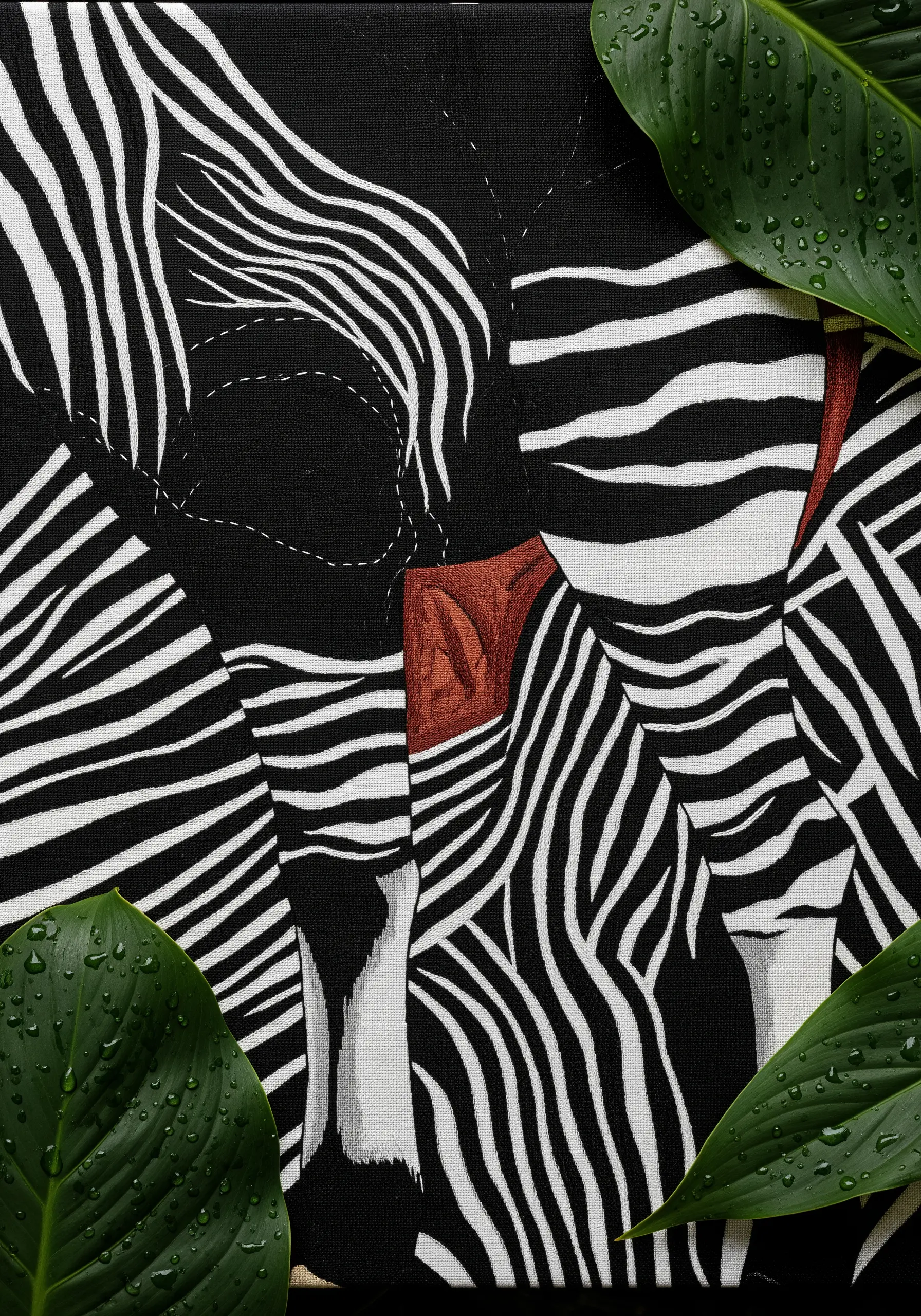 An abstract close-up of embroidered zebra stripes on a black canvas.