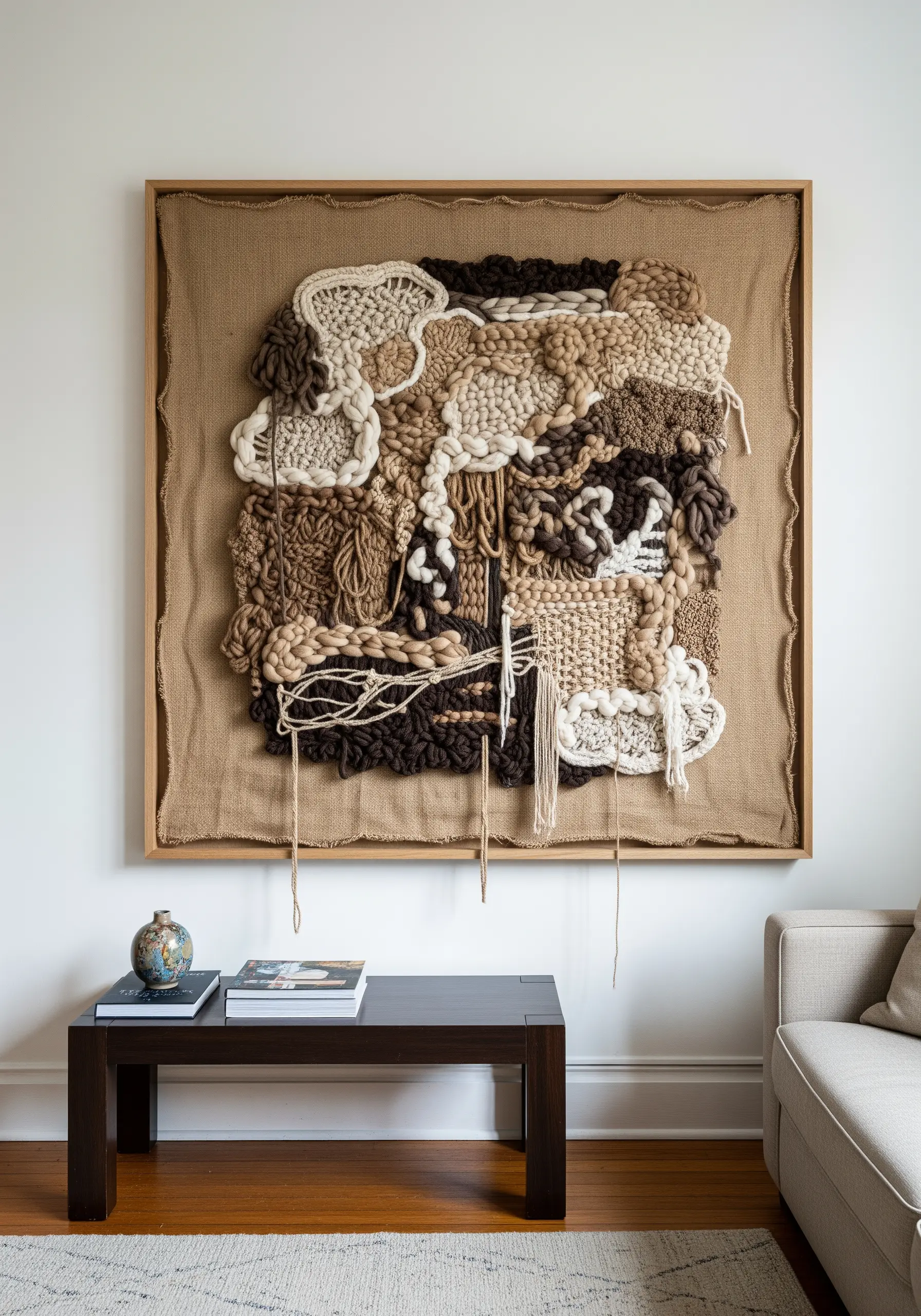 A large, framed abstract fiber art piece with a variety of neutral-toned yarns and textures