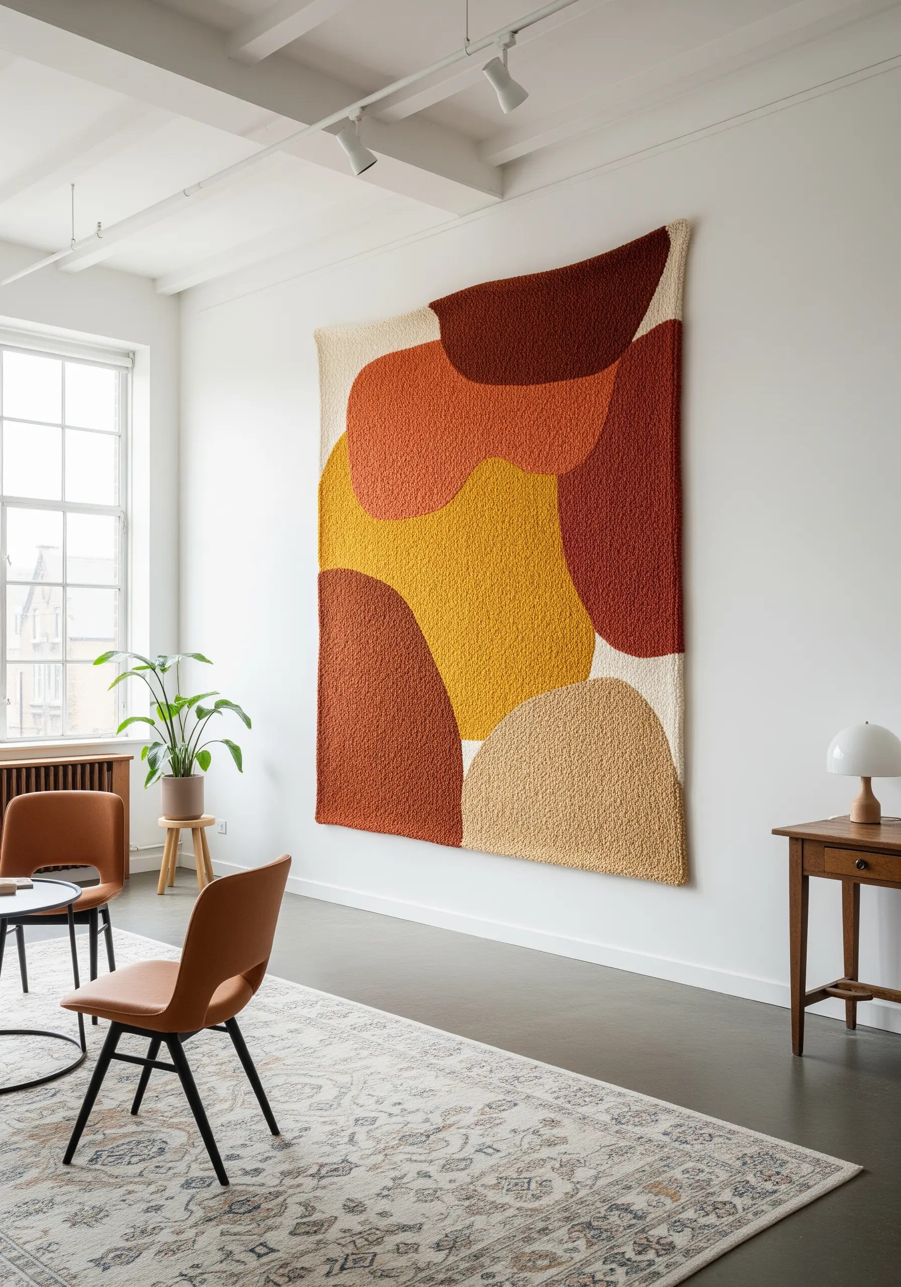 A very large punch needle wall hanging with abstract shapes in earthy orange, yellow, and brown tones.
