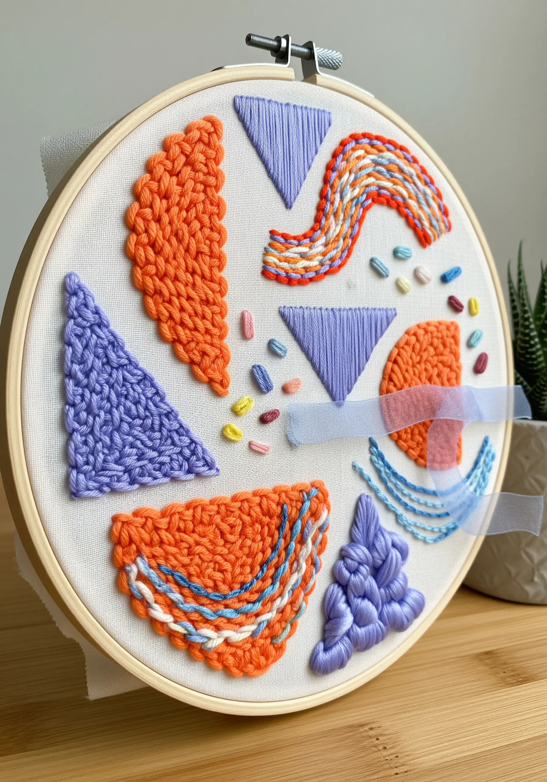 Abstract embroidery hoop with punch needle, satin stitch, and woven textures in orange and purple.