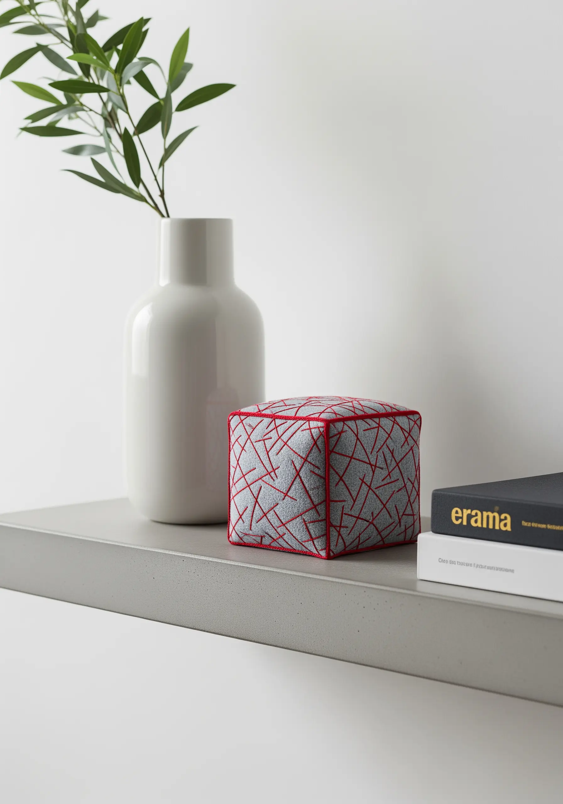 A gray fabric-covered cube decorated with abstract, random red stitches and red piping.