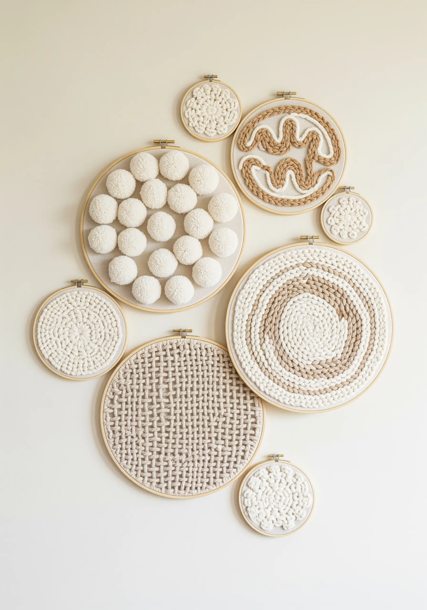 A collection of embroidery hoops featuring abstract textures like pom-poms and woven yarn