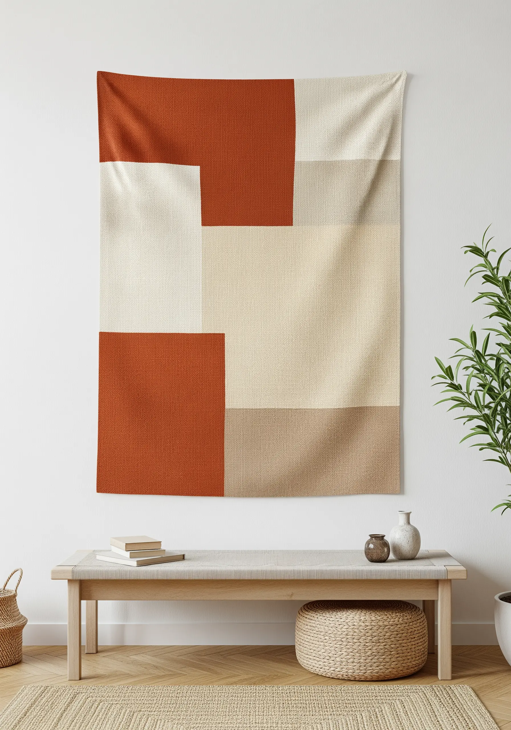 A minimalist tapestry with large, interlocking blocks of terracotta, sand, and cream.