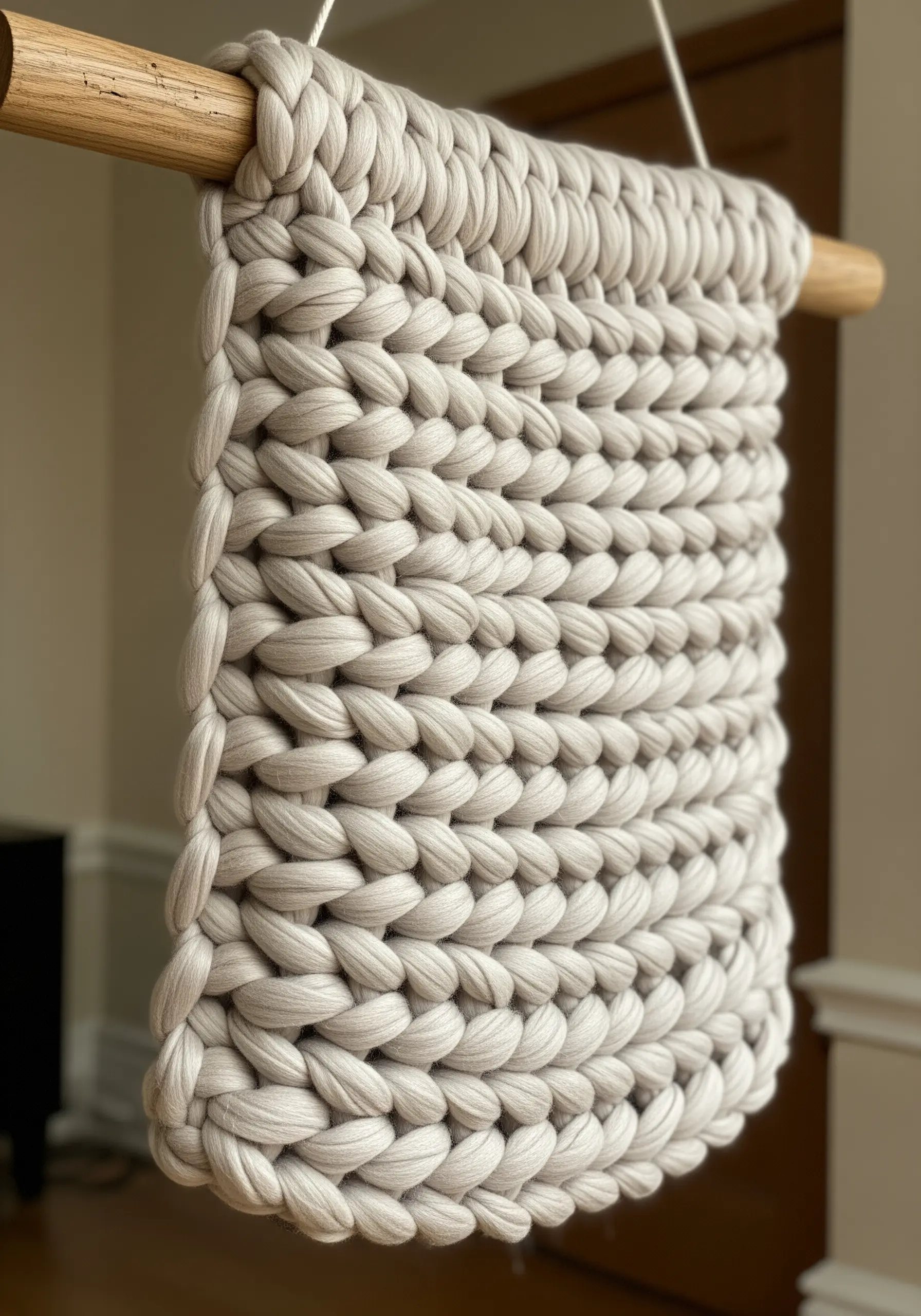 A chunky knit wall hanging made with thick, light gray tube yarn on a wooden dowel.