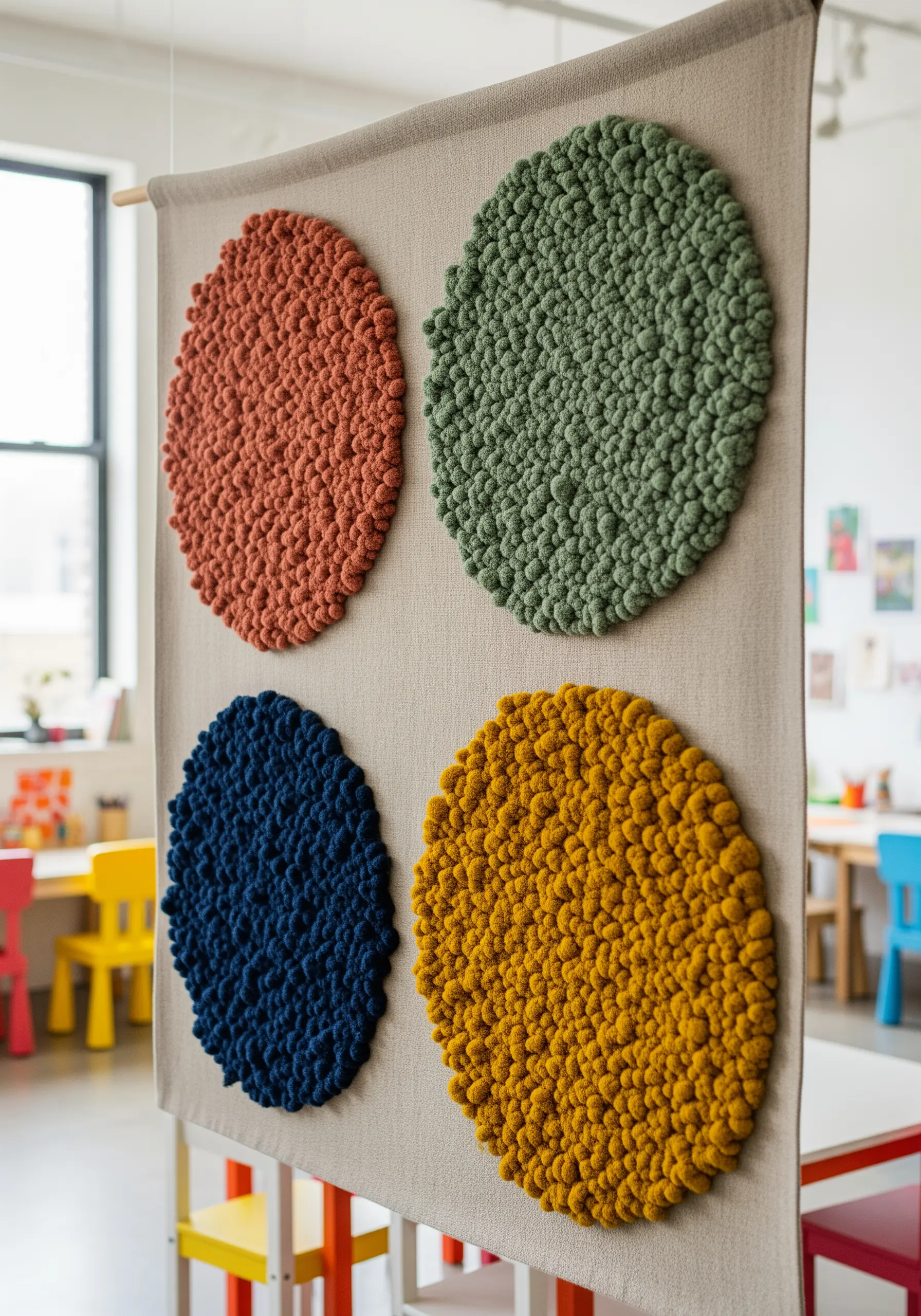 A linen wall hanging with four large circles in red, green, blue, and yellow, all filled with moss stitch.