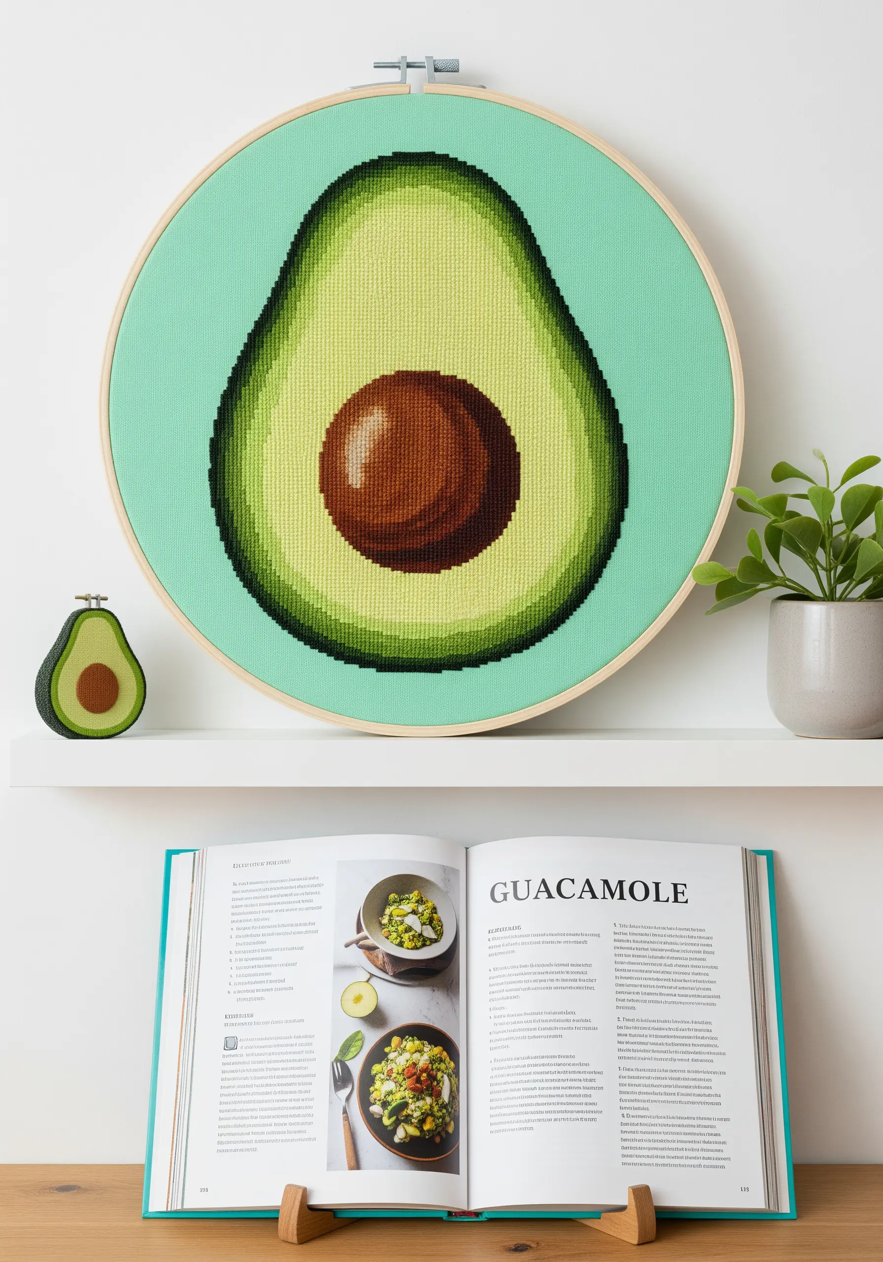 A cross-stitched avocado half showing smooth color gradients on Aida cloth.