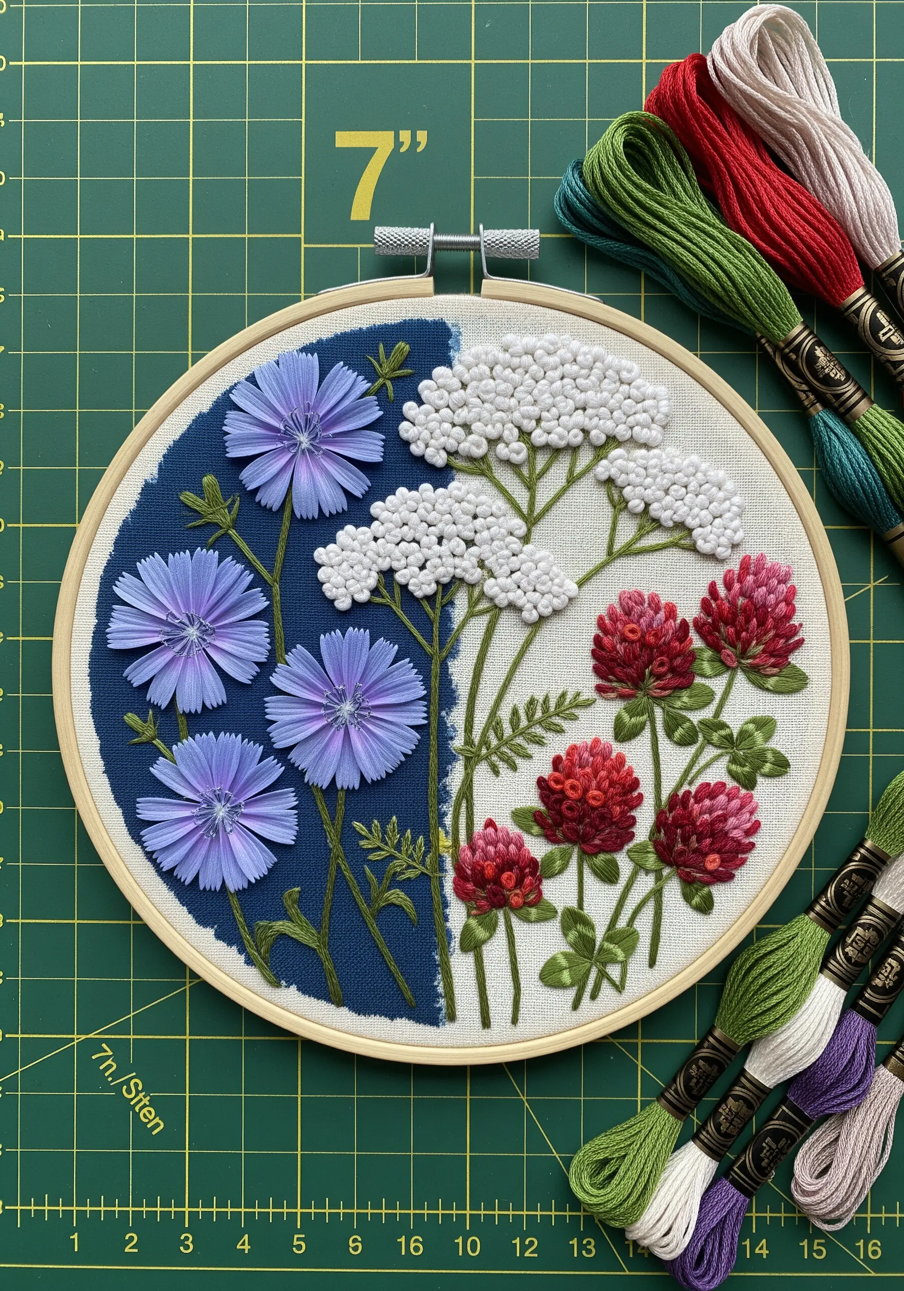 A split-design embroidery hoop with blue chicory on one side and white and red flowers on the other.