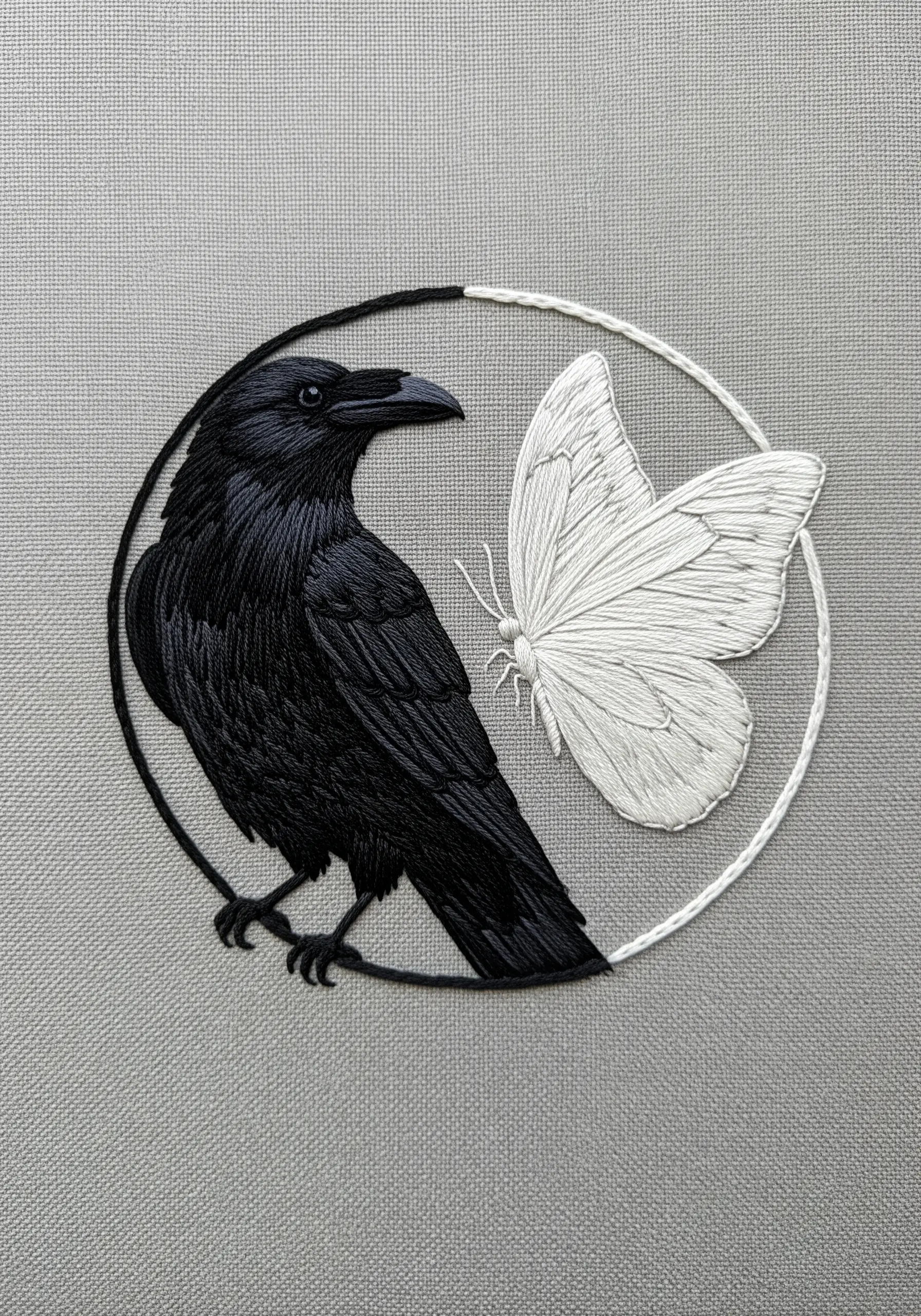 A black raven and a white butterfly arranged in a yin-yang composition.