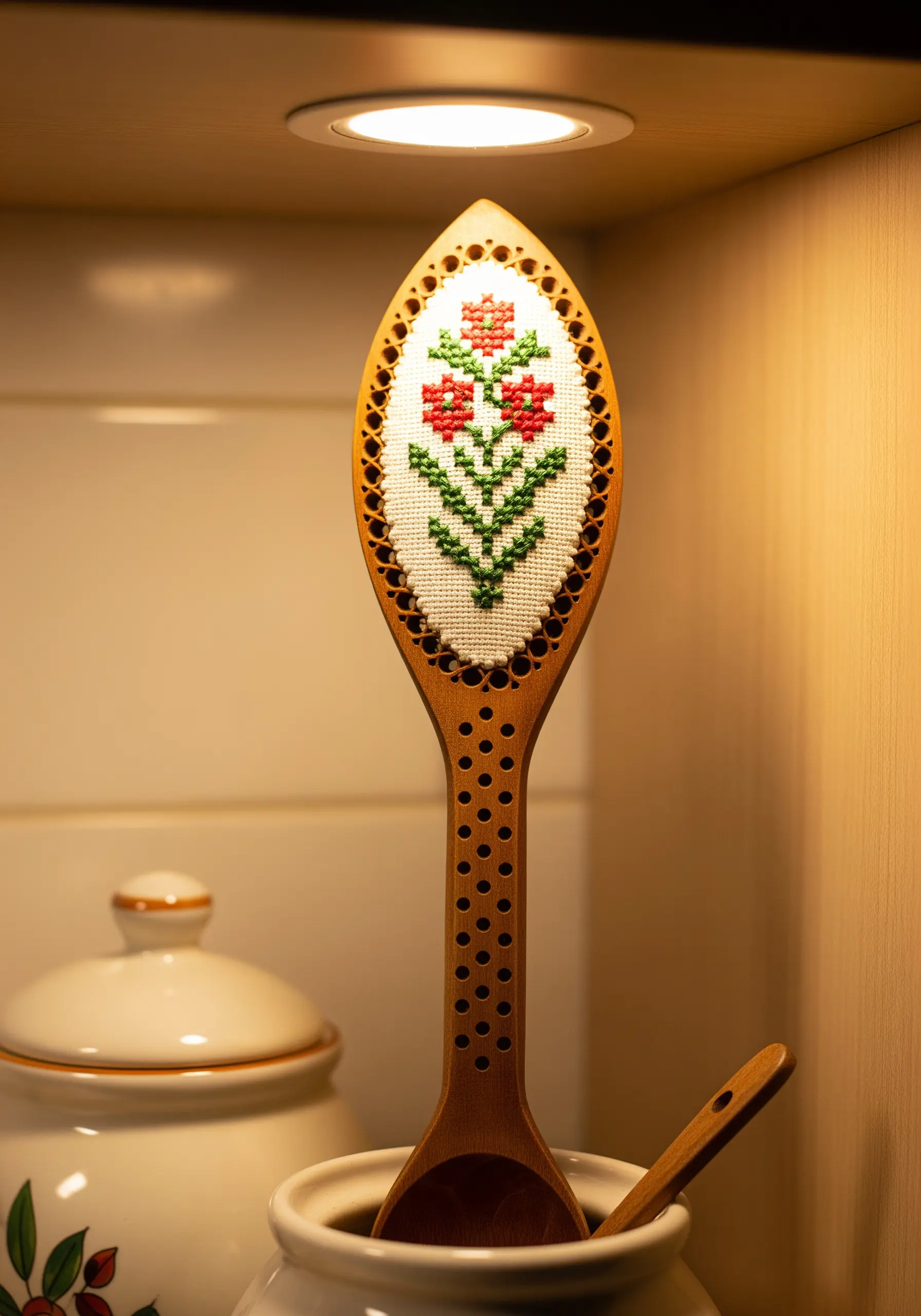 A wooden spoon with a perforated, paddle-shaped top featuring a red and green floral cross-stitch design.