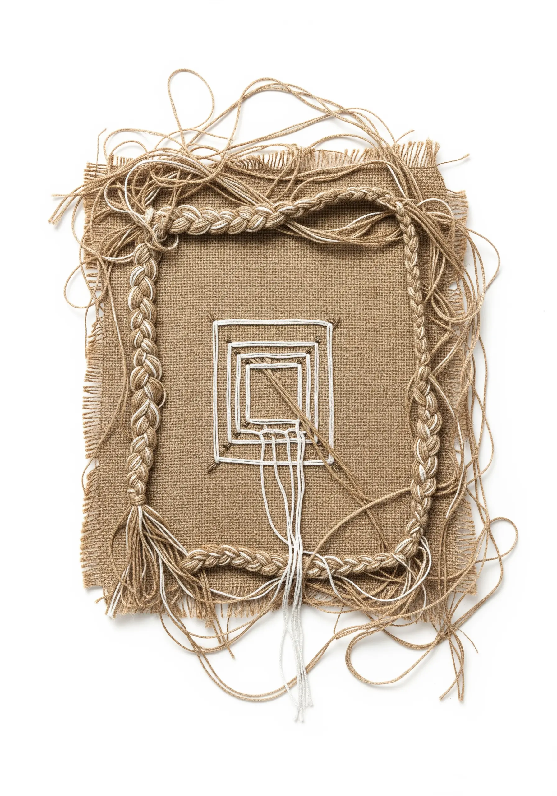 A piece of burlap with a braided frame and woven center made from its own threads.