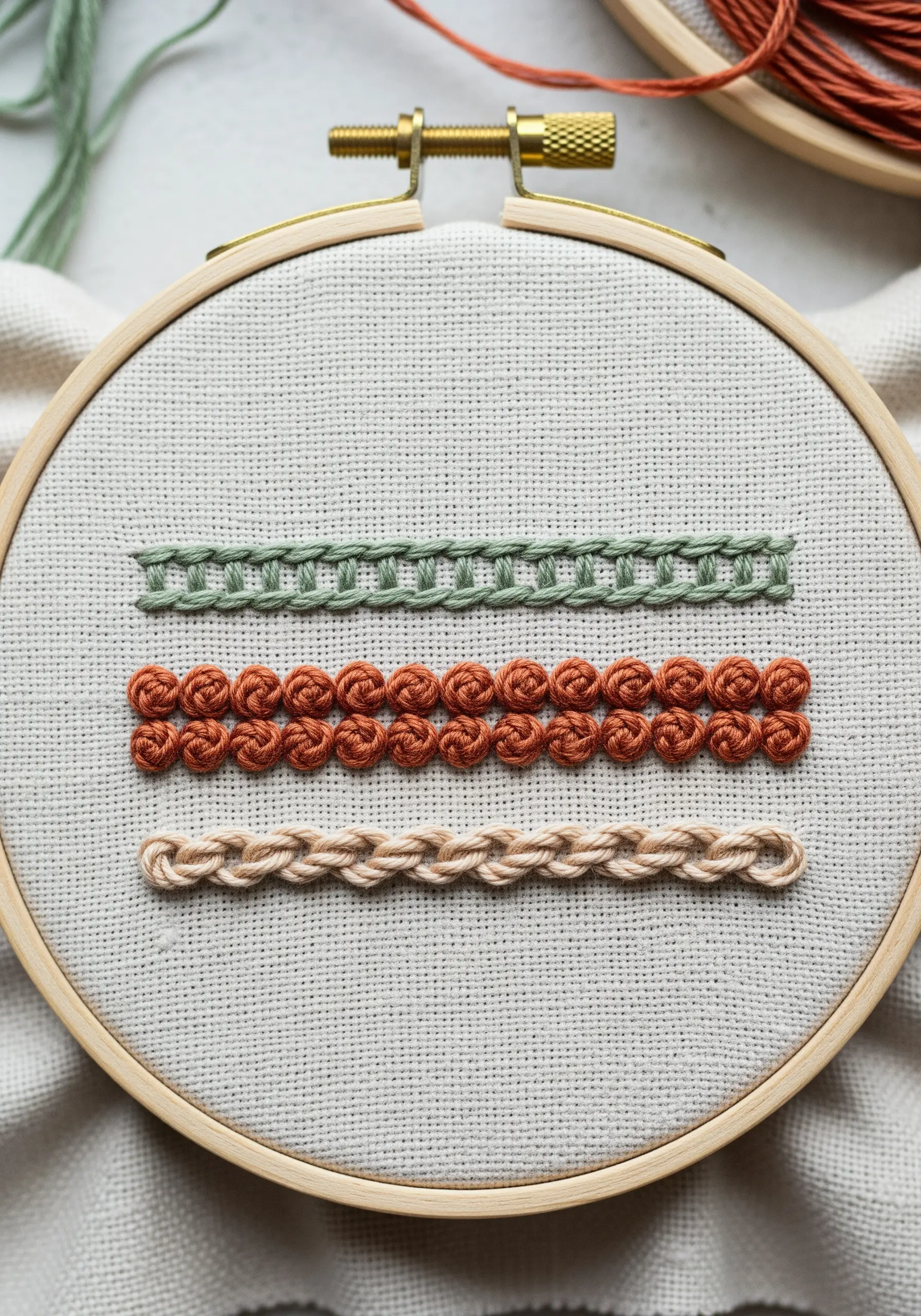 A sampler of three decorative border stitches in green, rust, and beige.