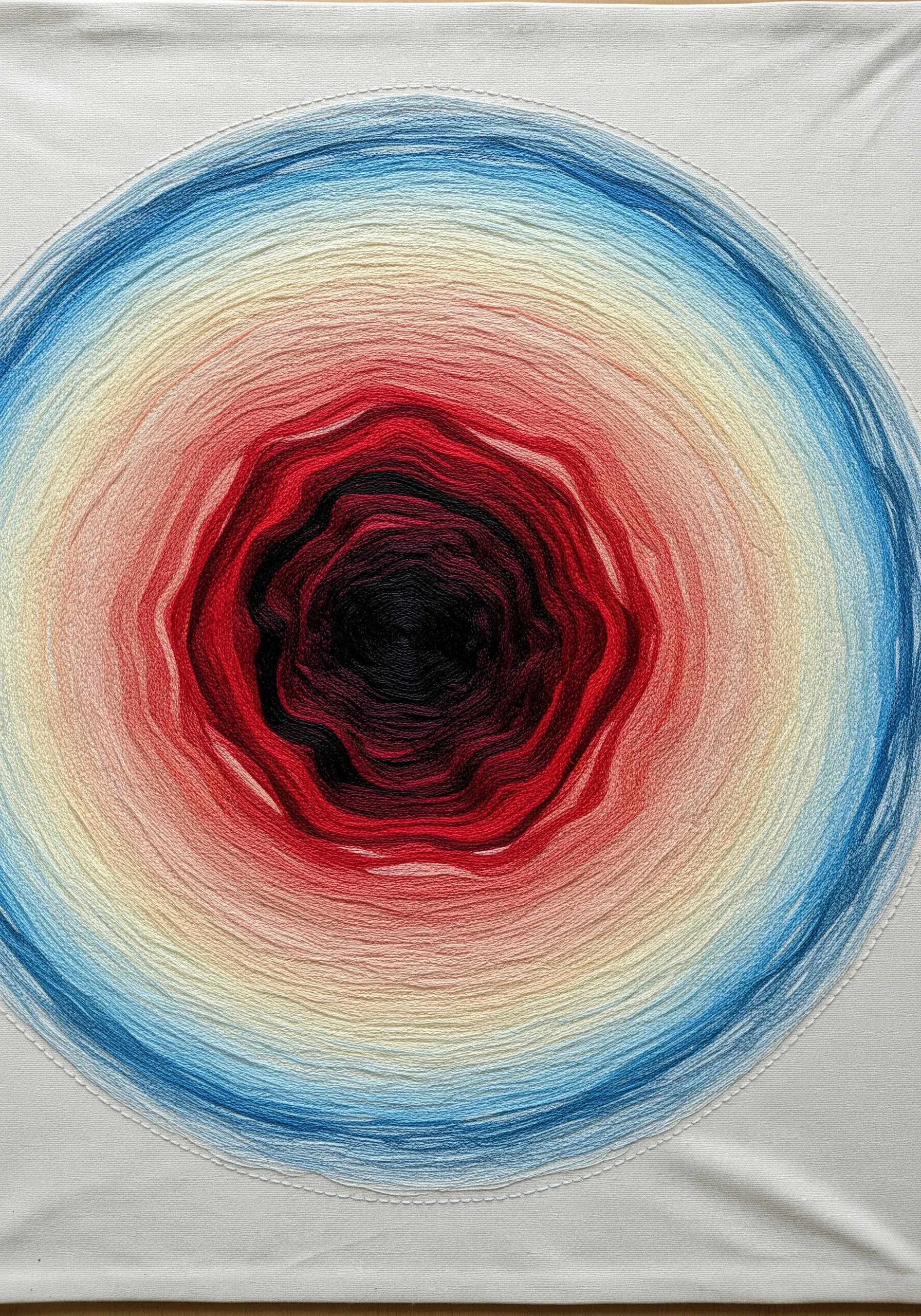 Circular embroidery with concentric rings of color transitioning from blue to red to black.