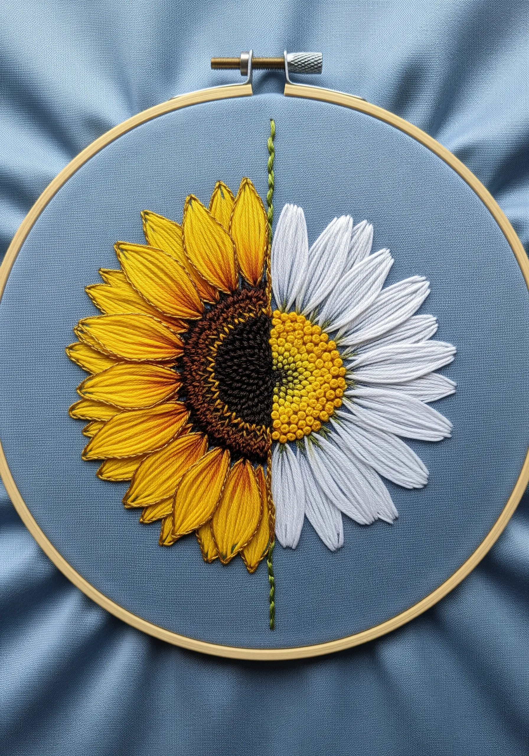 An embroidered flower that is half sunflower and half daisy, split down the middle.