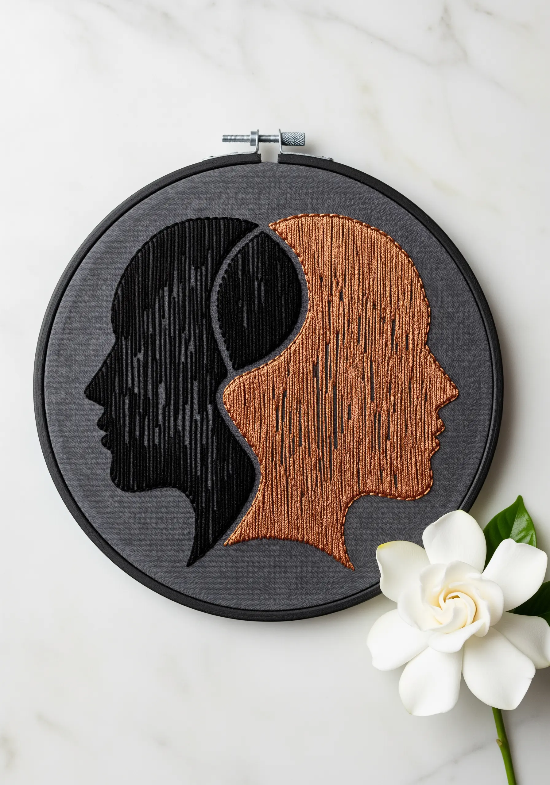 A split silhouette of two faces, one filled with black thread, the other with copper.