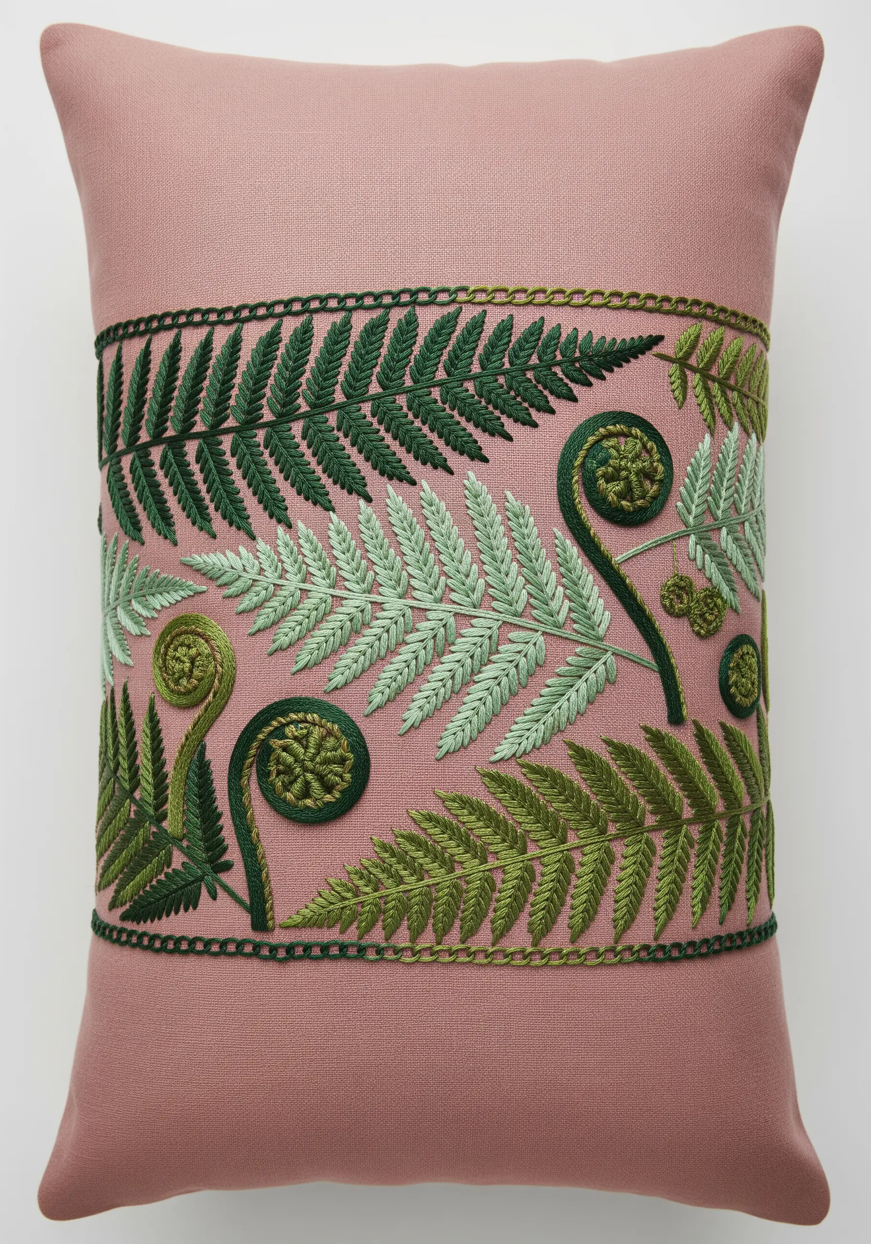 A band of assorted green ferns embroidered across a dusty pink pillow.