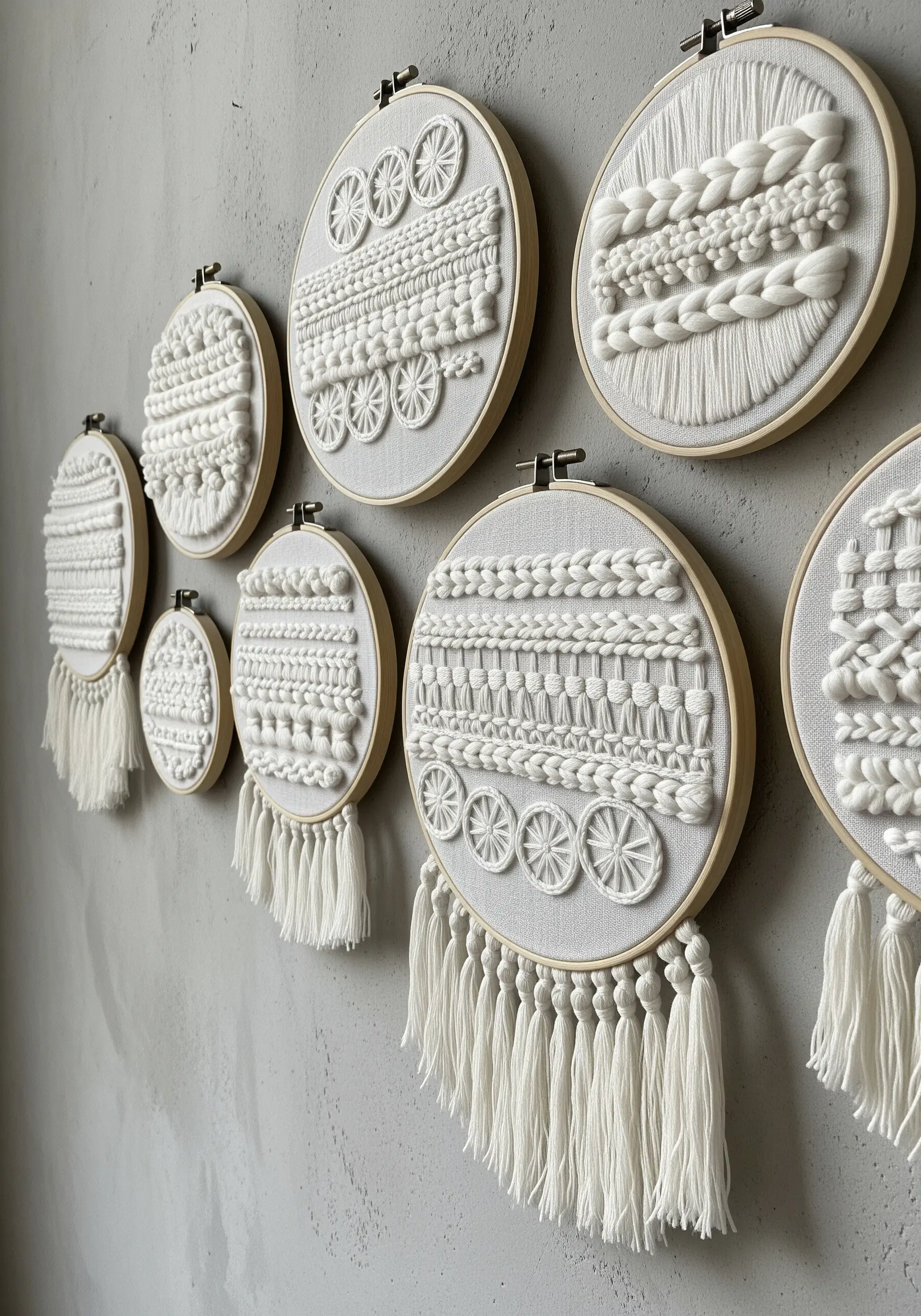 A collection of white-on-white textural embroidery hoops with various knot and weave stitches.