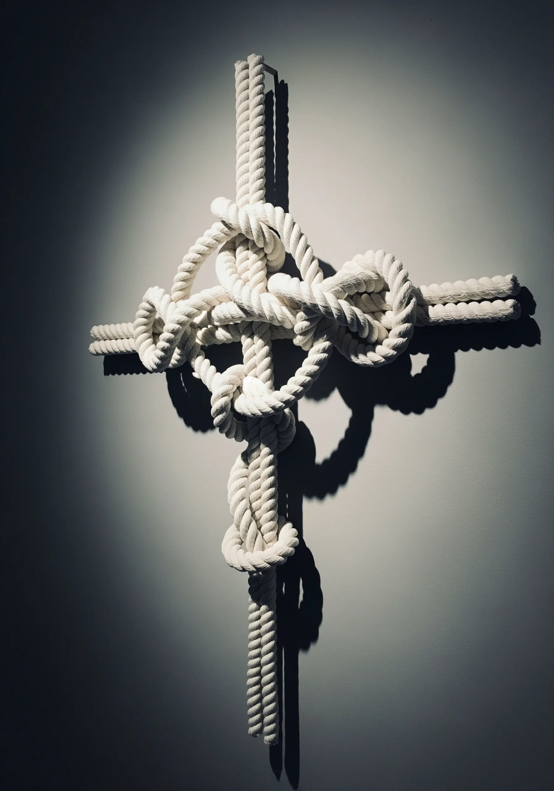 A large, sculptural knot made from thick white rope, spotlit against a dark wall.