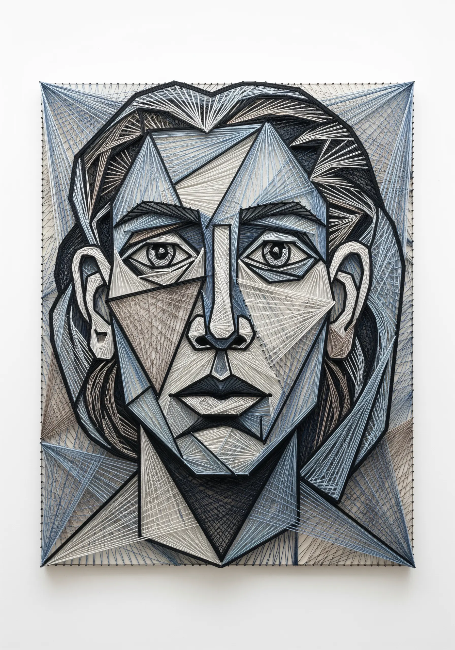 A Cubist-style string art portrait with faceted geometric shapes in muted blues and grays.