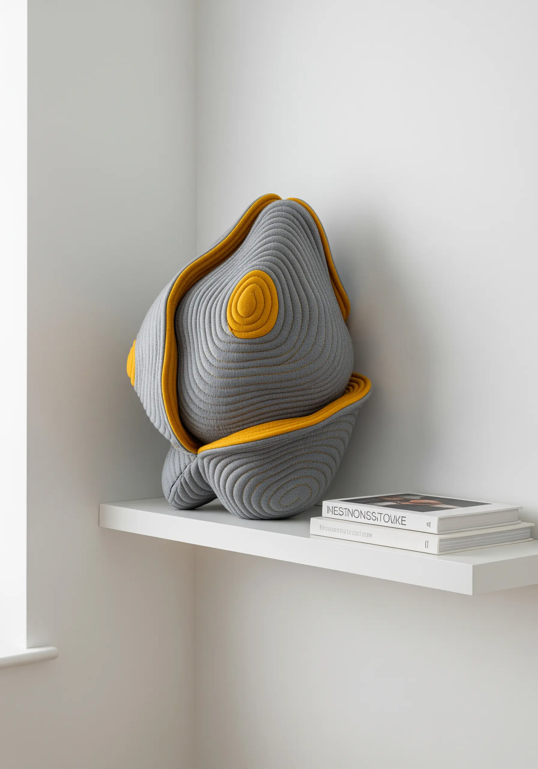 A grey and yellow sculptural object made from densely quilted fabric on a shelf.