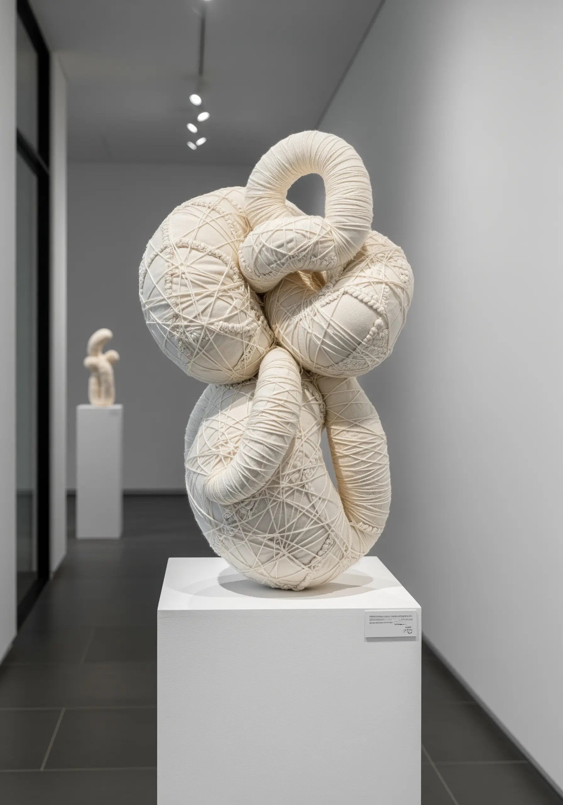 A large, abstract soft sculpture made from knotted and wrapped white fabric.