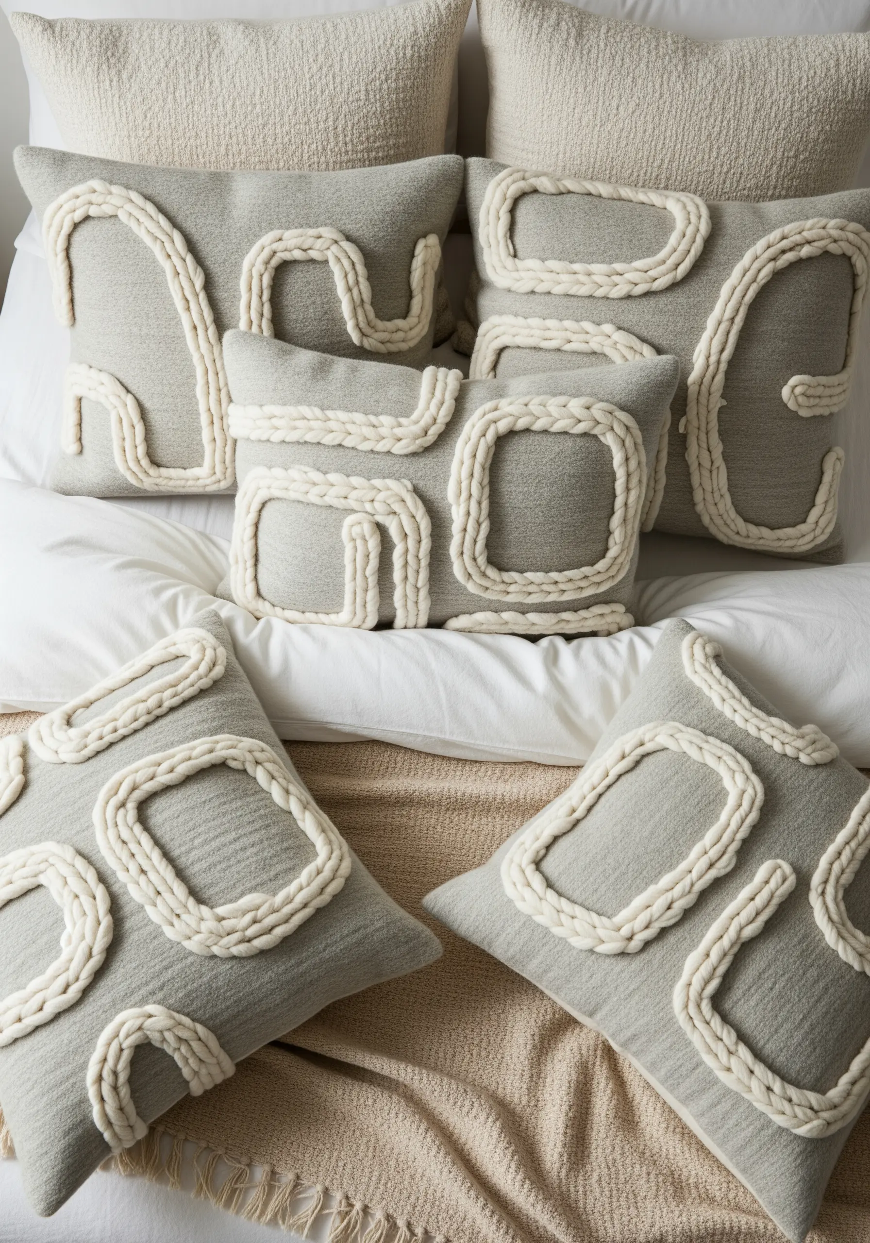 Abstract, meandering lines of thick, cream-colored braided yarn on a textured gray pillow.