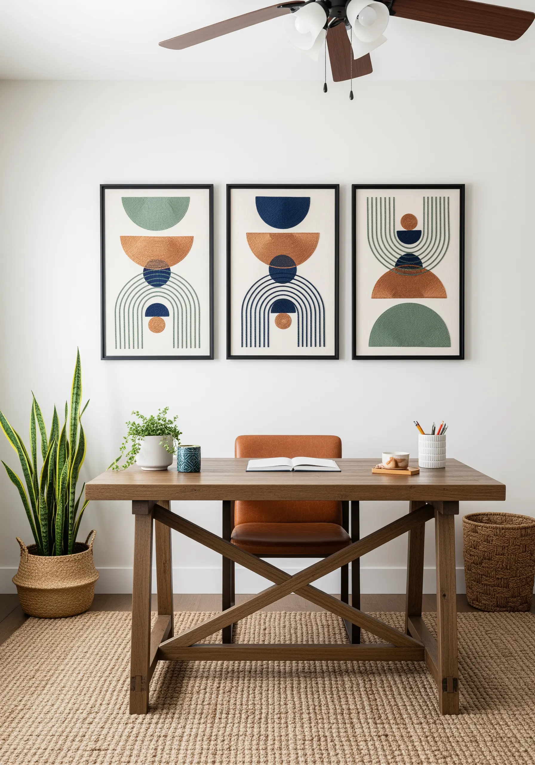 Triptych of framed abstract geometric embroidery with clean lines and color blocking.