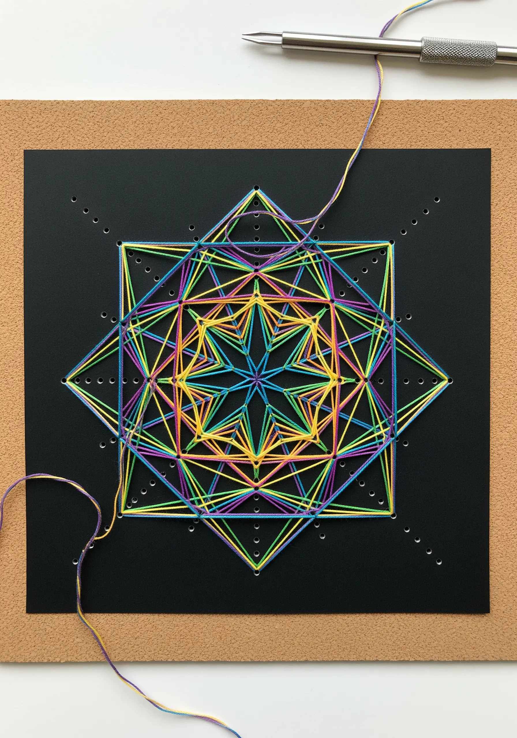 Geometric string art made with colorful thread on black paper mounted on cork.
