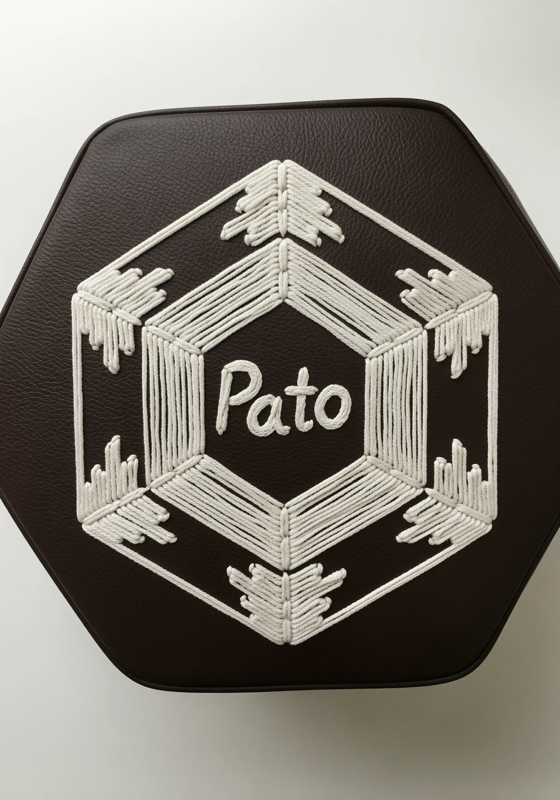 A geometric hexagon pattern embroidered with thick white yarn on a dark brown surface.