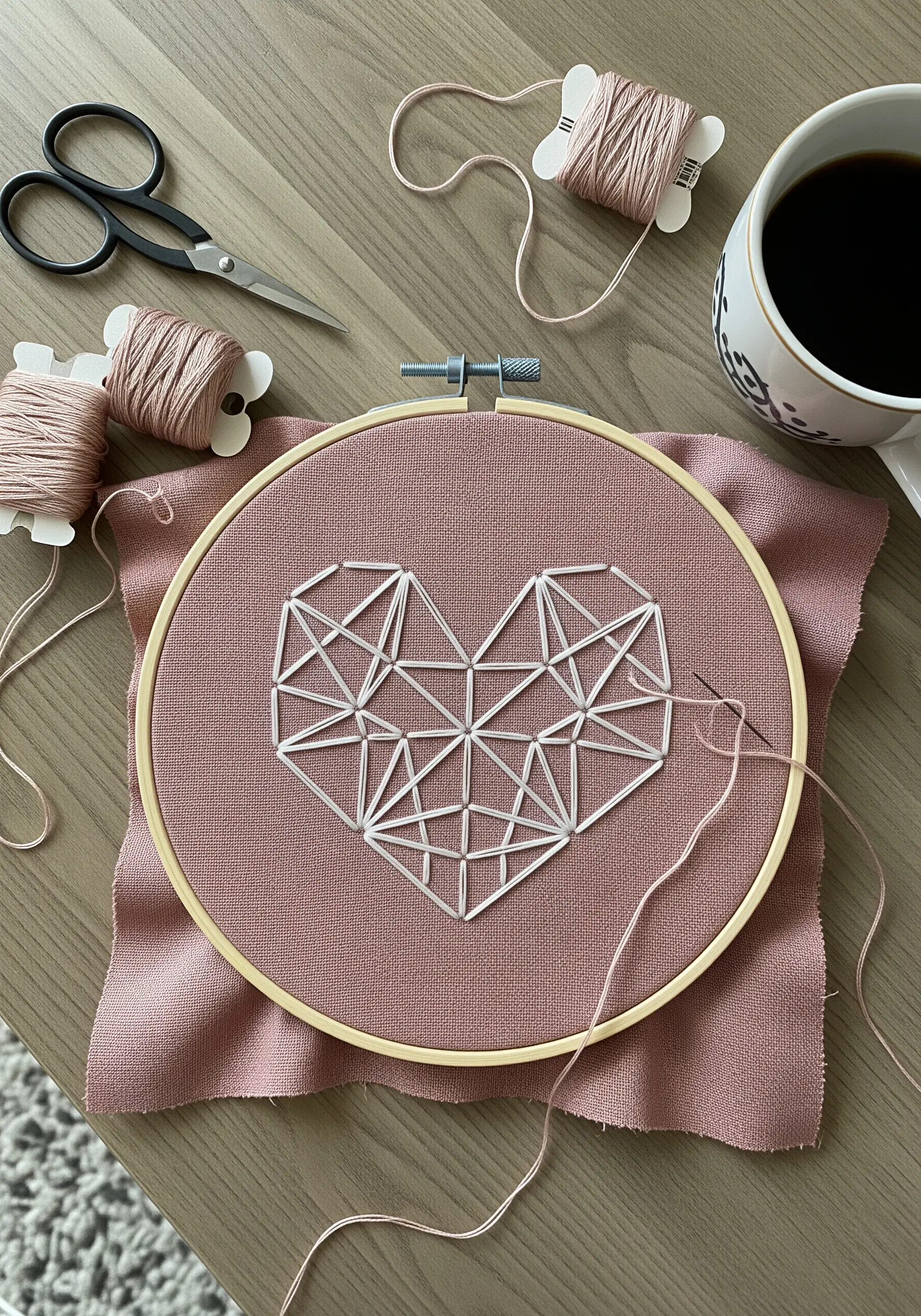 A geometric heart created with white straight stitches on pink fabric in an embroidery hoop.