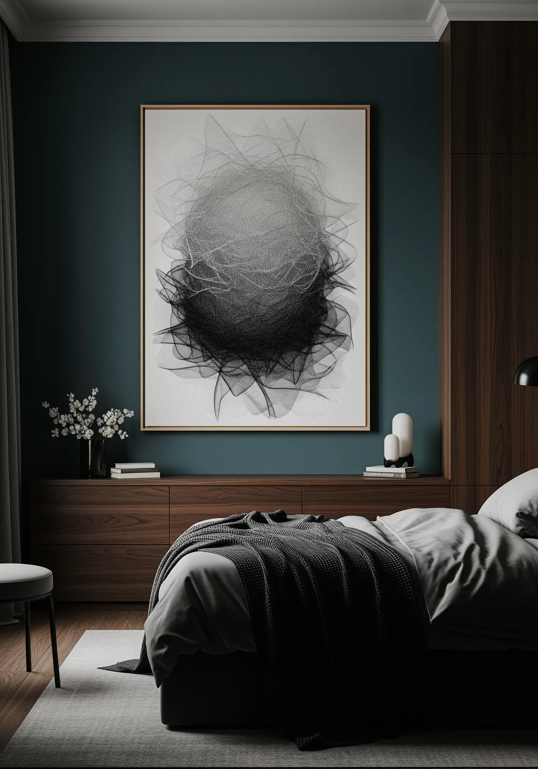 Large framed abstract artwork in a bedroom, created with black thread of varying density on a white canvas.