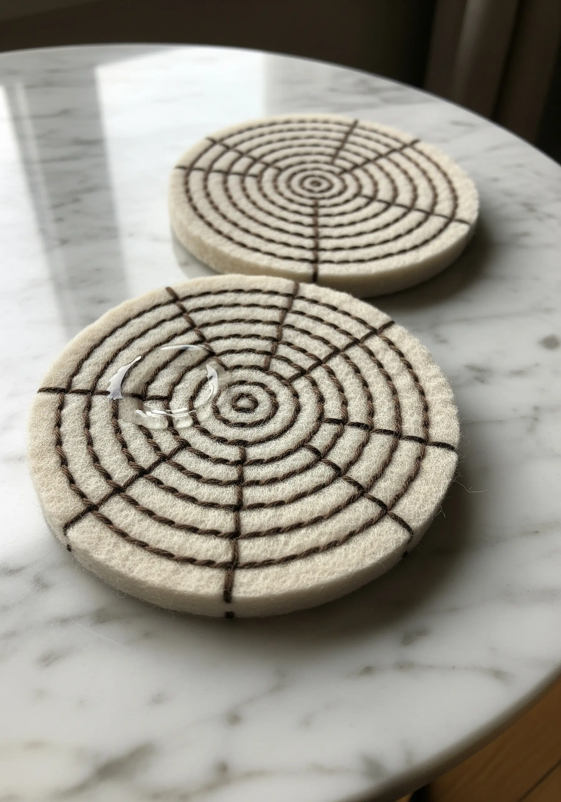 Two thick felt coasters embroidered with a simple, graphic spiderweb pattern in brown thread.
