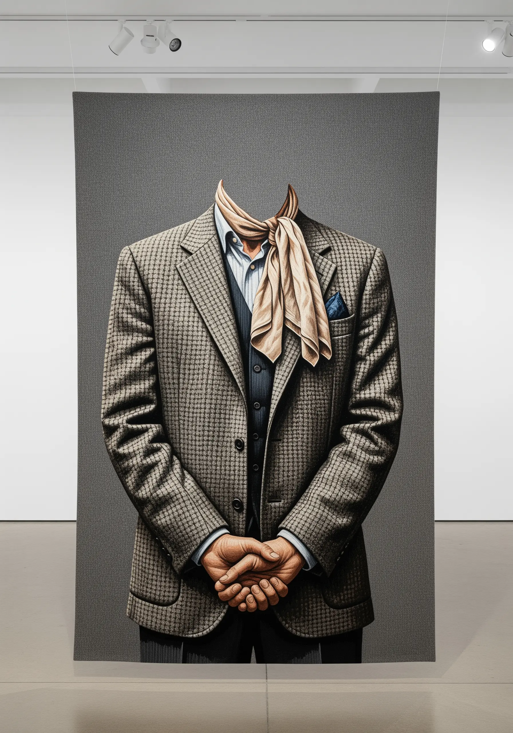 A headless portrait focusing on the detailed embroidery of a tweed jacket and silk scarf.