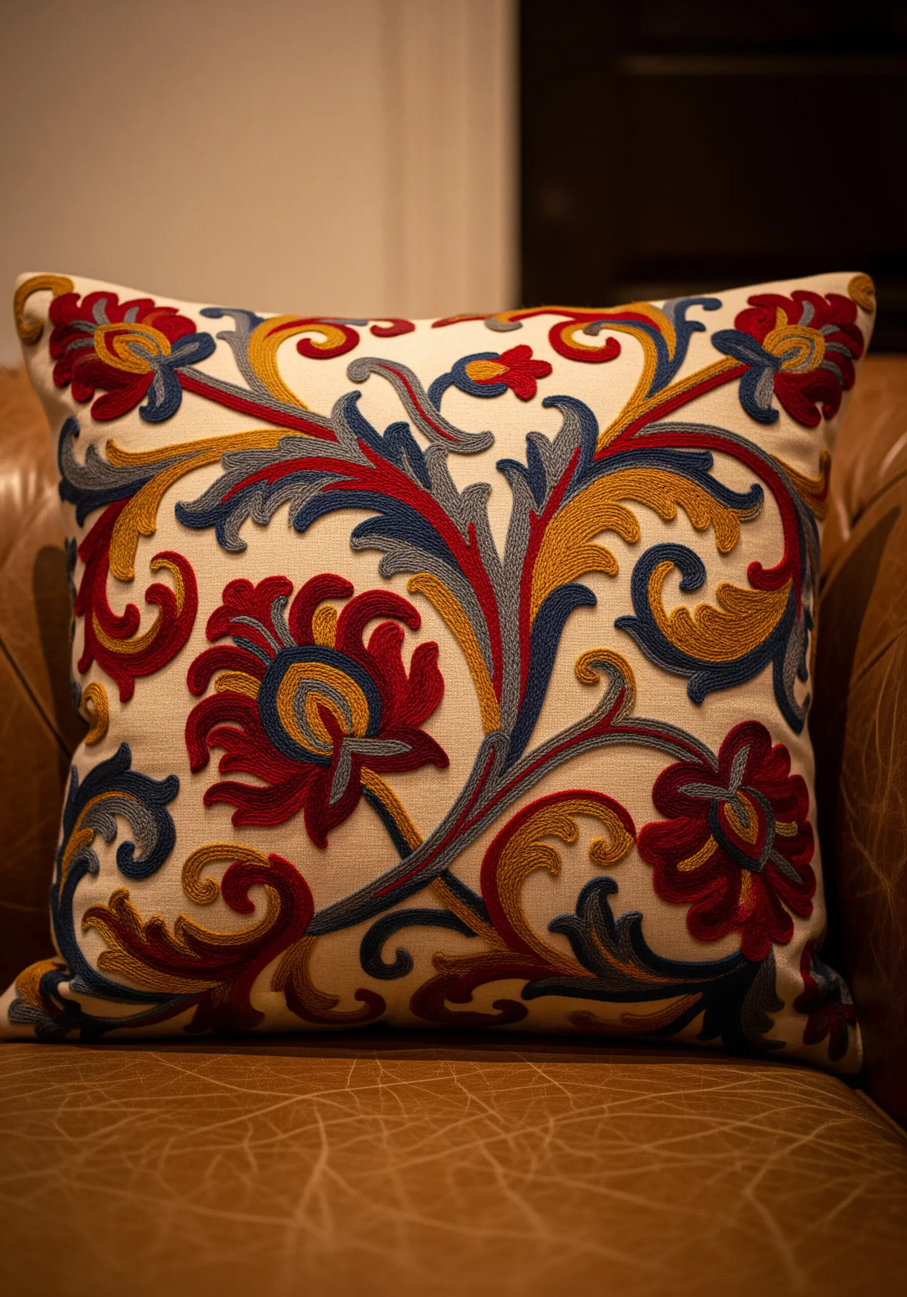 A vibrant Jacobean-style floral embroidery in red, blue, and gold wool on a cream cushion.